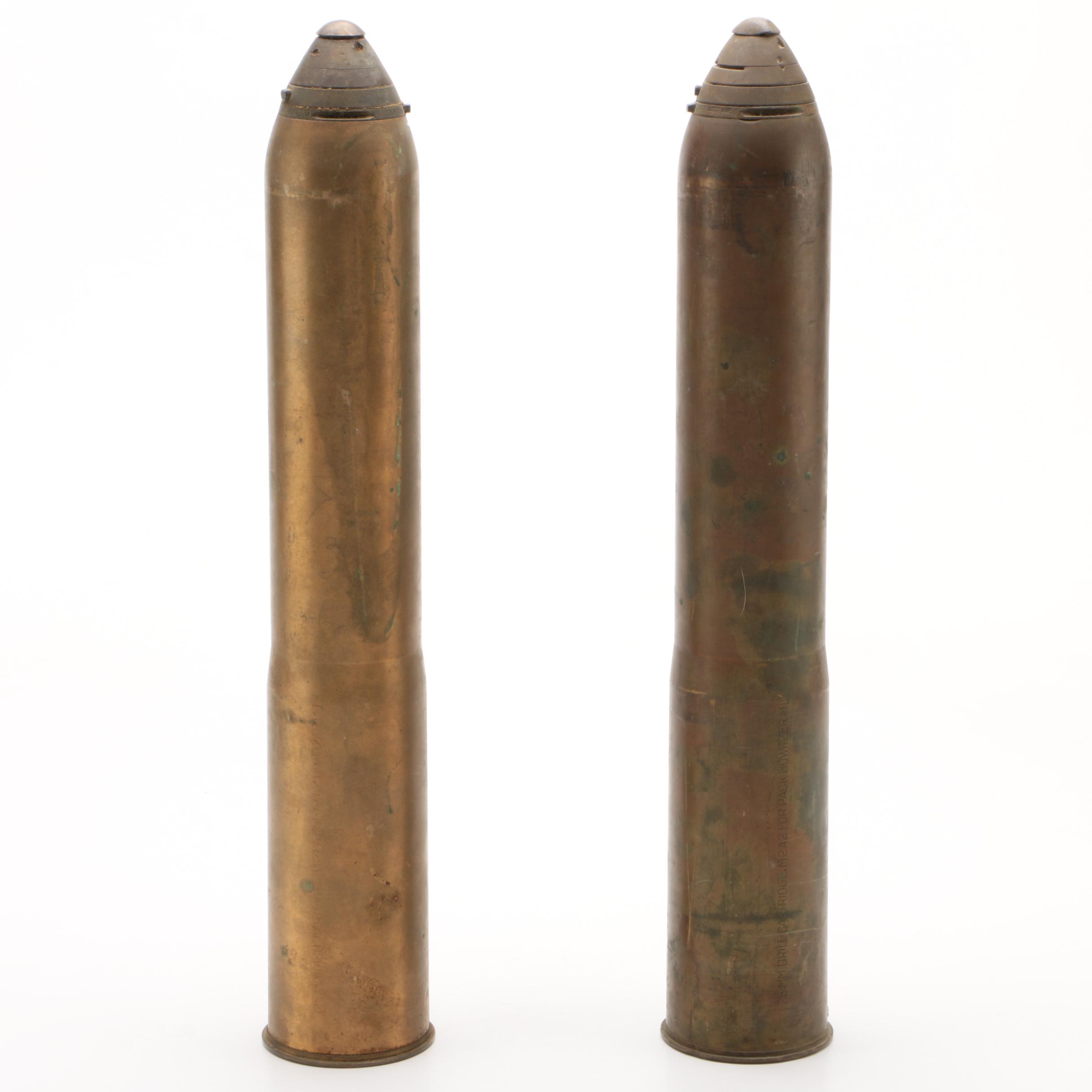 Pair of American  World War II Era Inert 75mm Pack Howitzer M1 Drill Cartriges