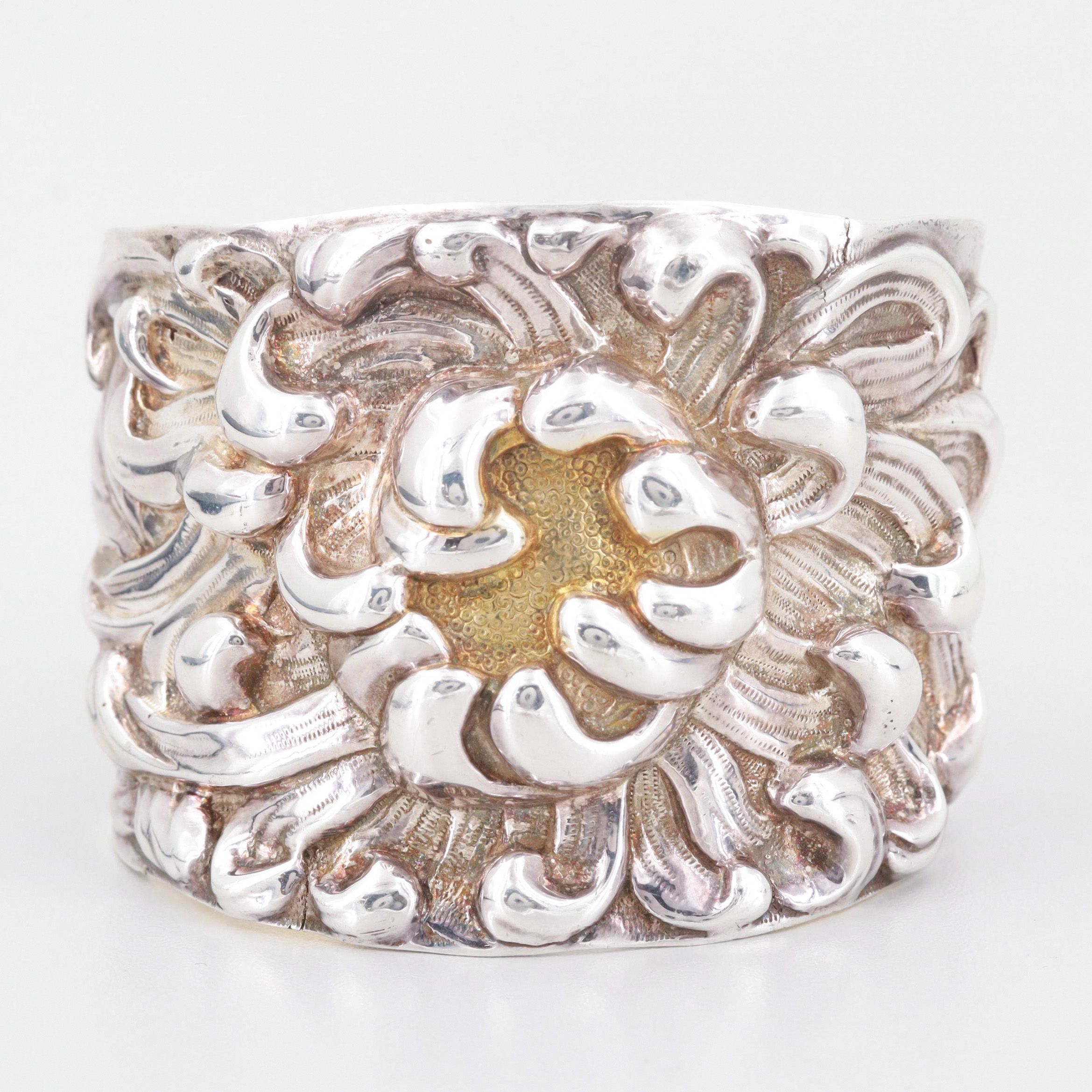 Galmer Sterling Silver "Peony" Repoussé Cuff Bracelet with Gold Wash Accents