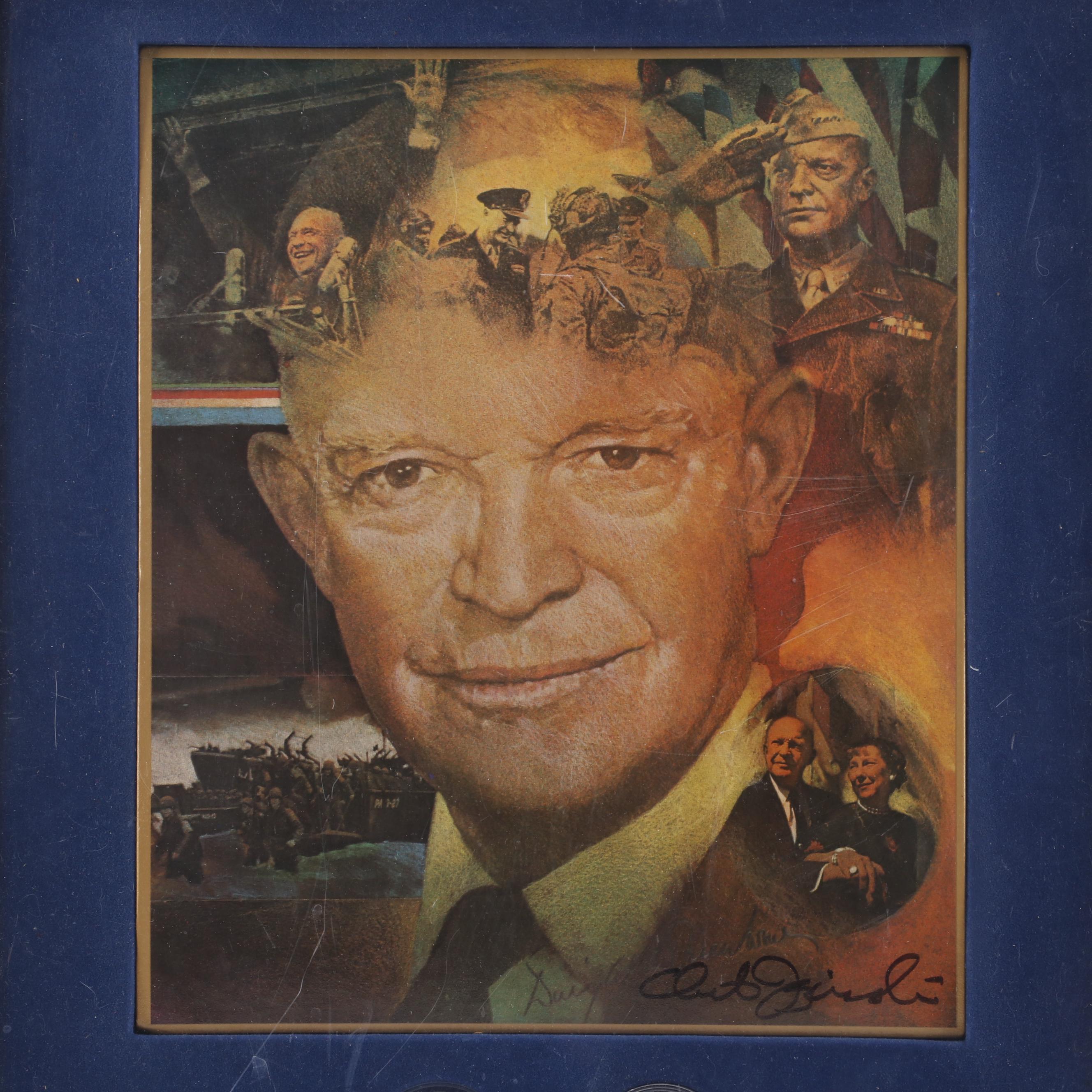 Dwight D. Eisenhower Commemorative Poster and One Dollar Coins