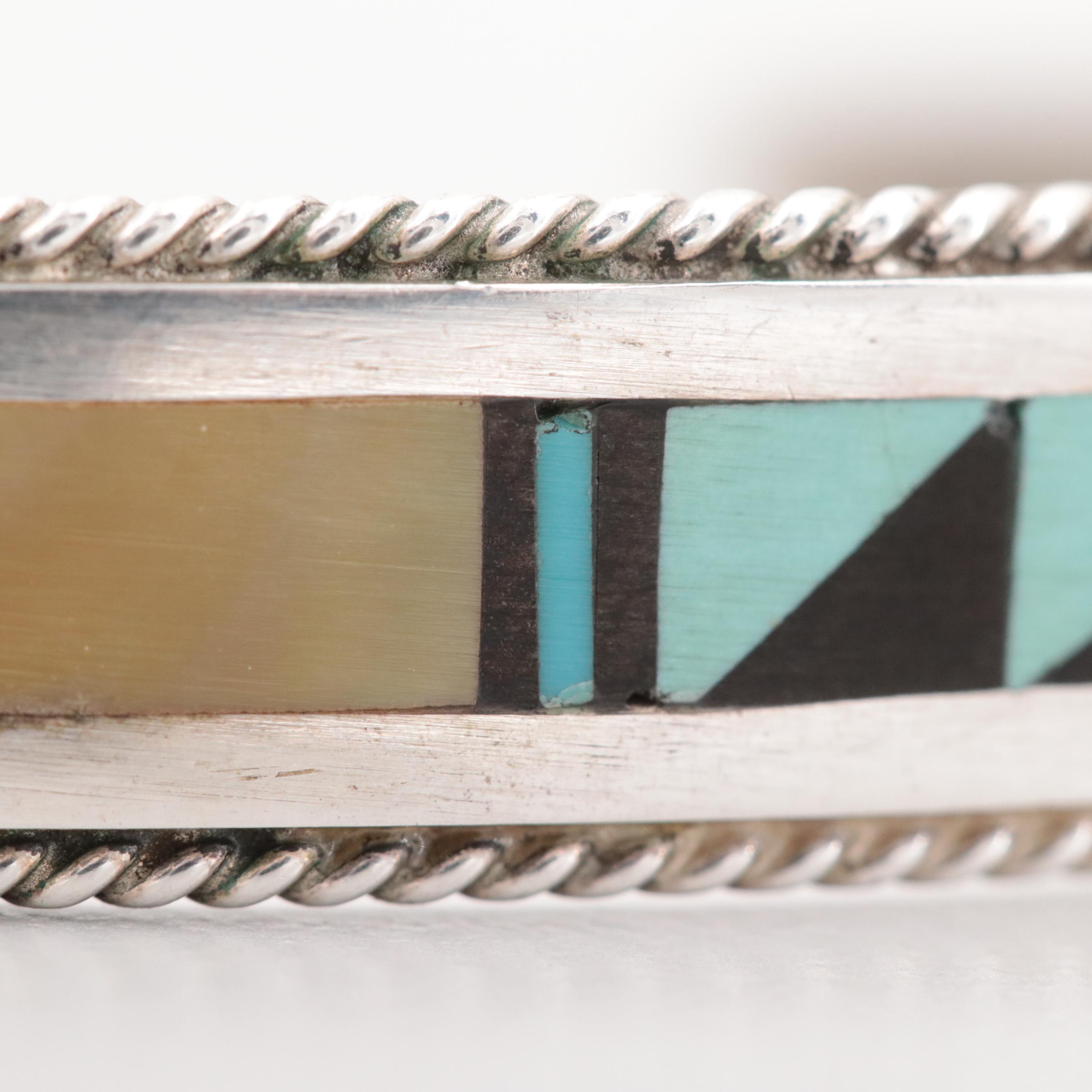 Signed Southwestern Style Sterling Turquoise, Coral and Mother of Pearl Cuff