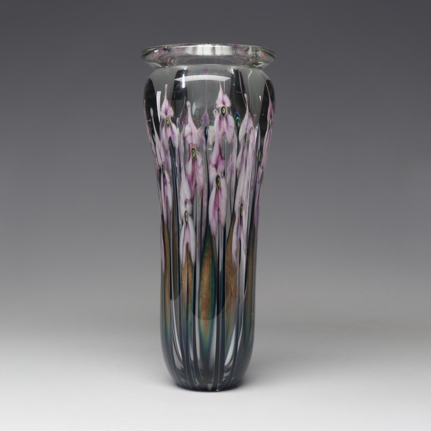 John Lotton 16.5" Tall Floral Art Glass Vase