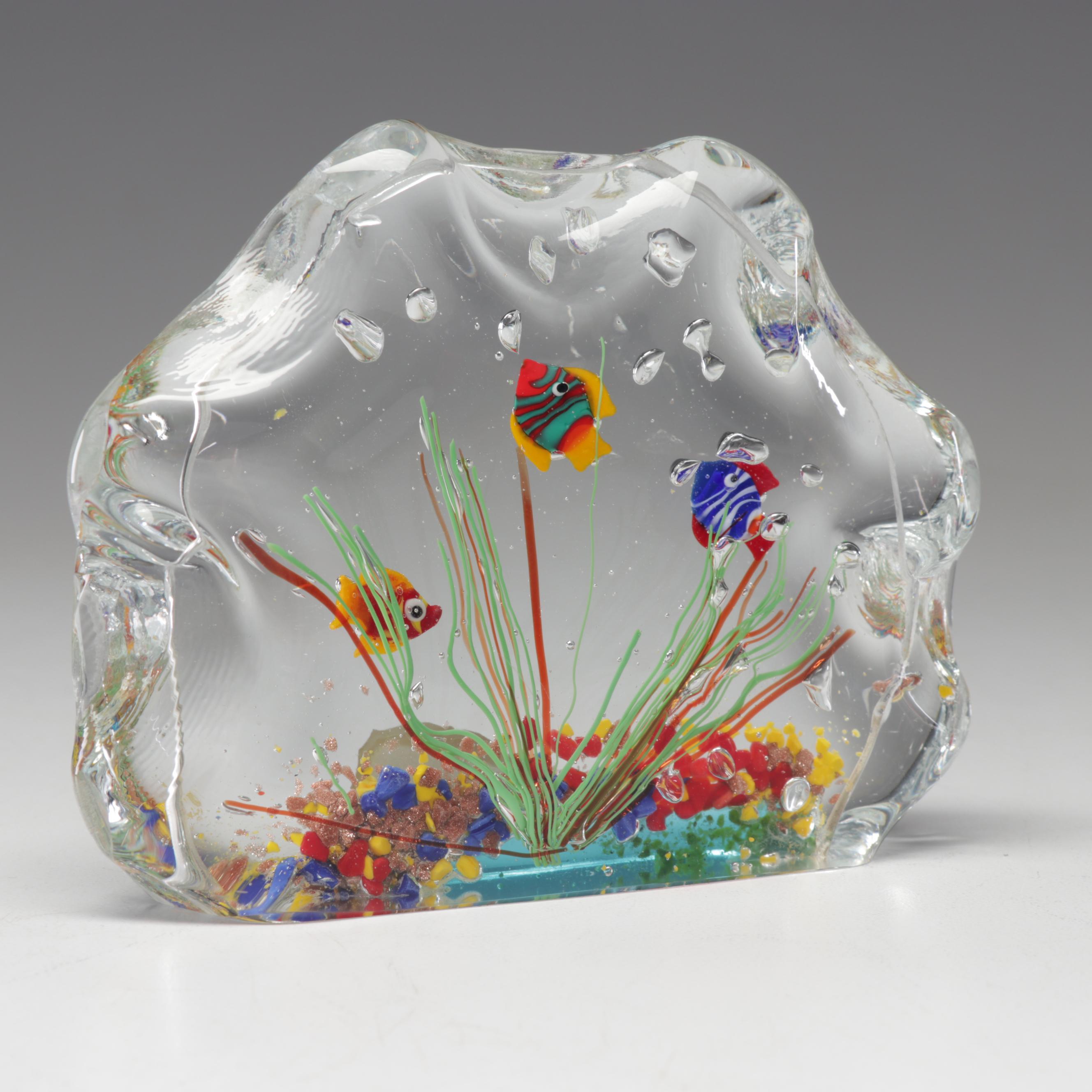 Italian Murano Blown Art Glass Fish In Aquarium Paperweight