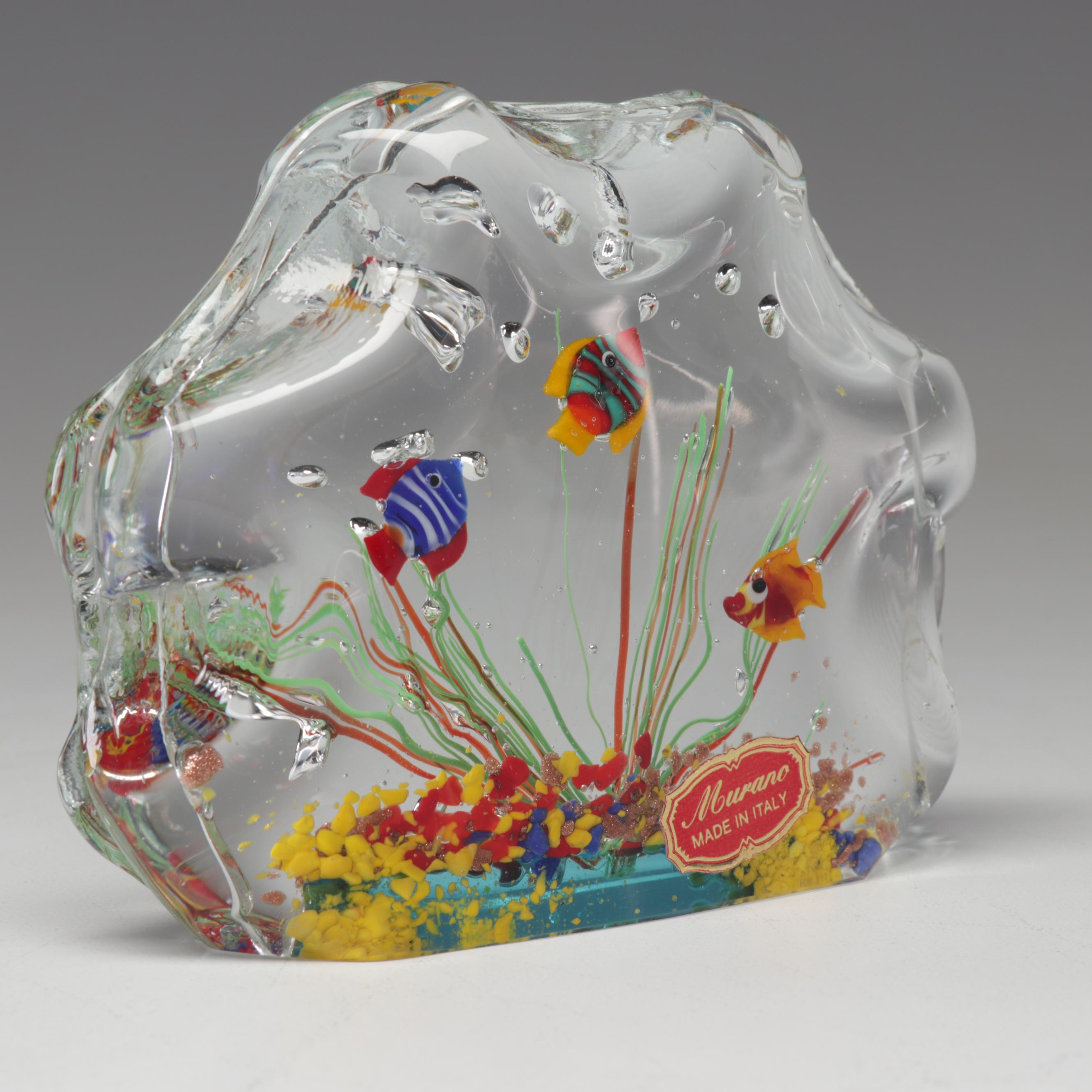 Italian Murano Blown Art Glass Fish In Aquarium Paperweight
