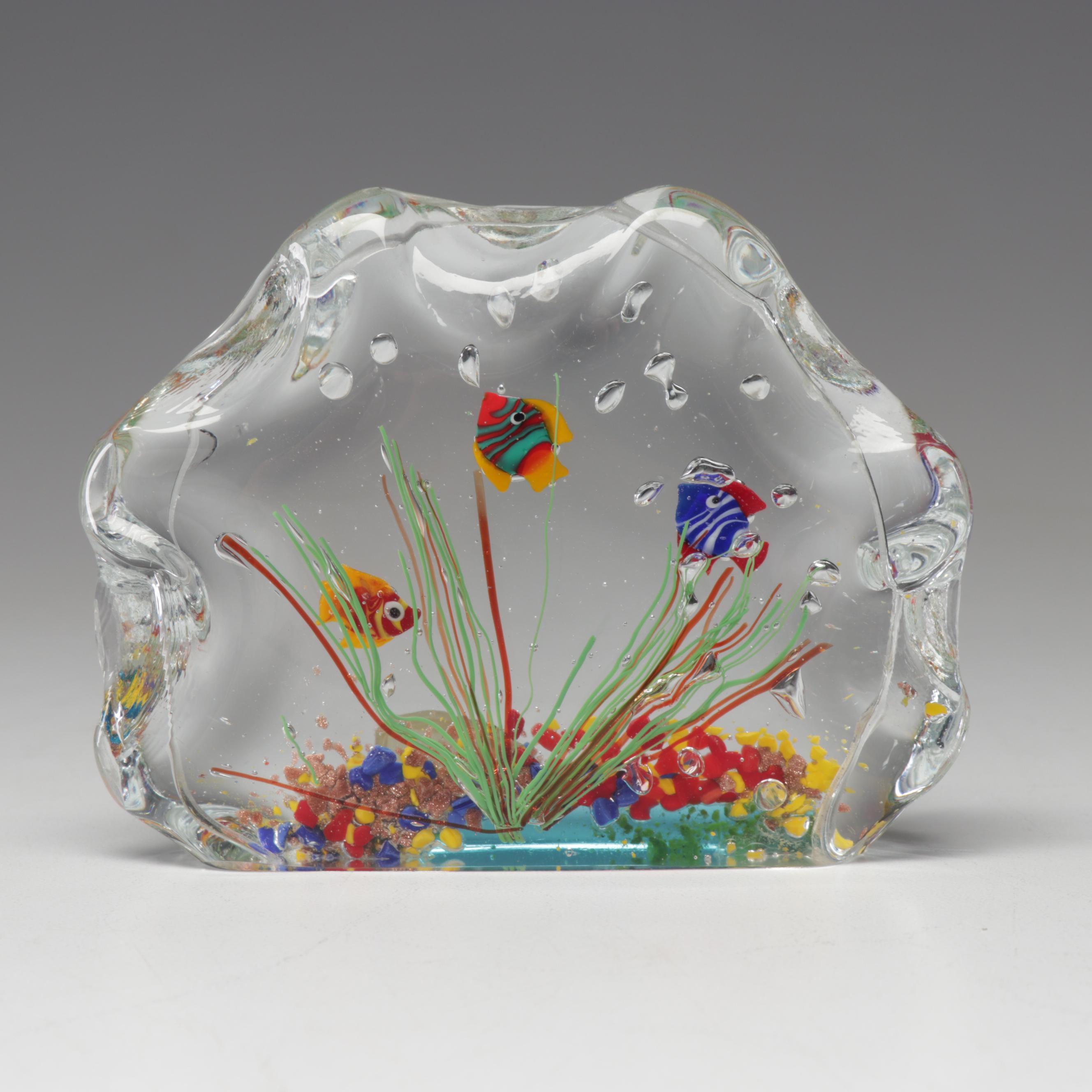 Italian Murano Blown Art Glass Fish In Aquarium Paperweight