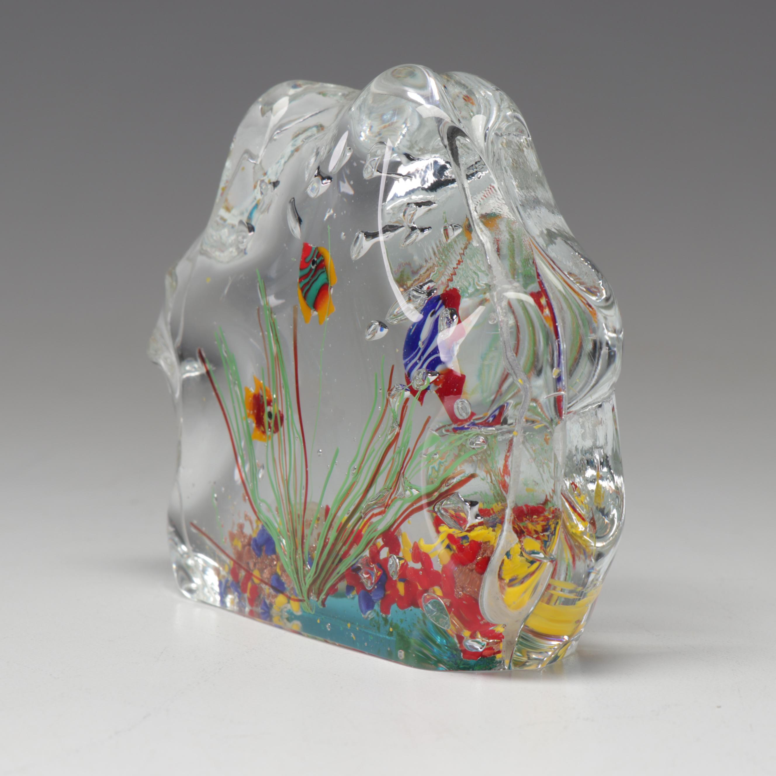 Italian Murano Blown Art Glass Fish In Aquarium Paperweight