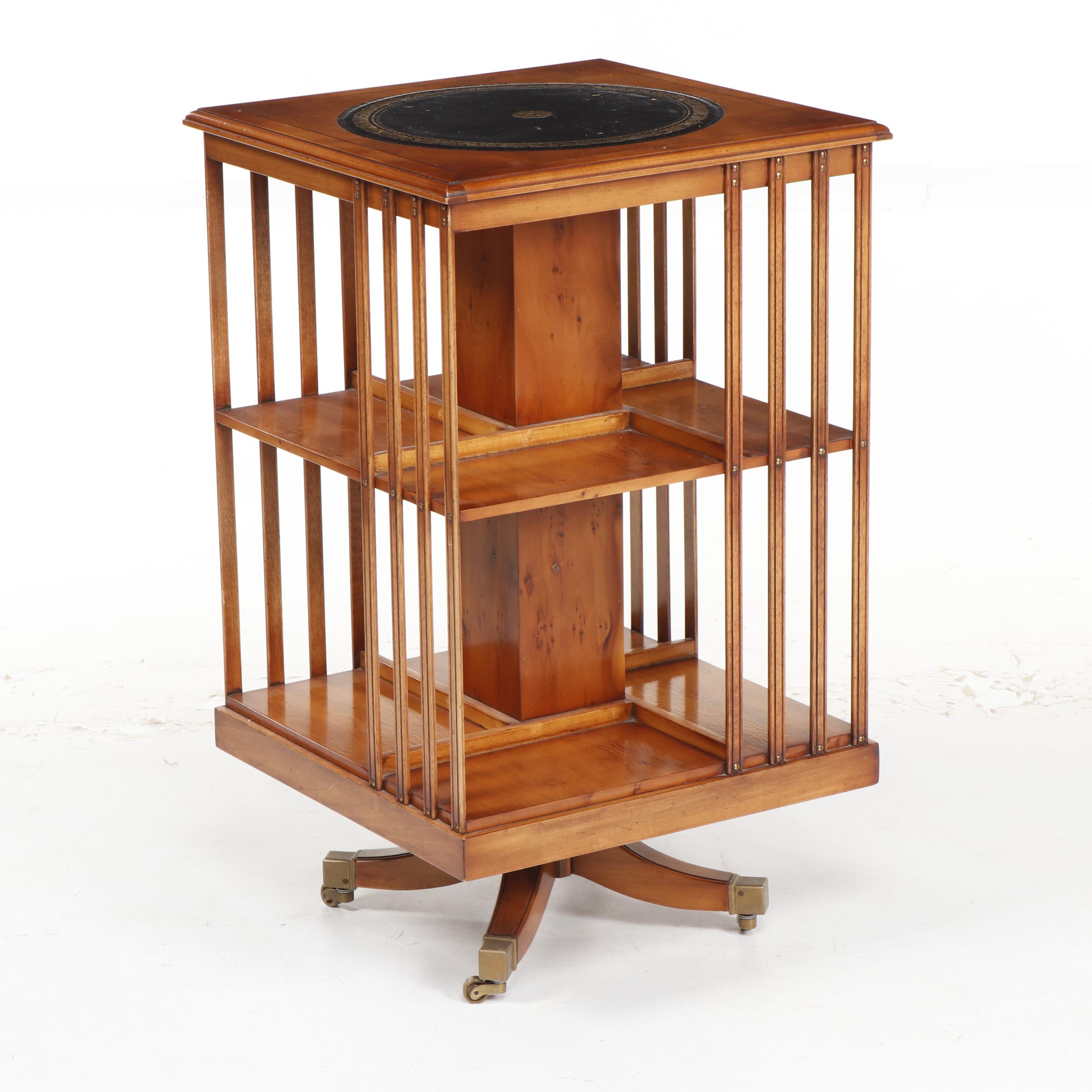 Oak Revolving Bookcase with Leather Top on Casters, 20th Century