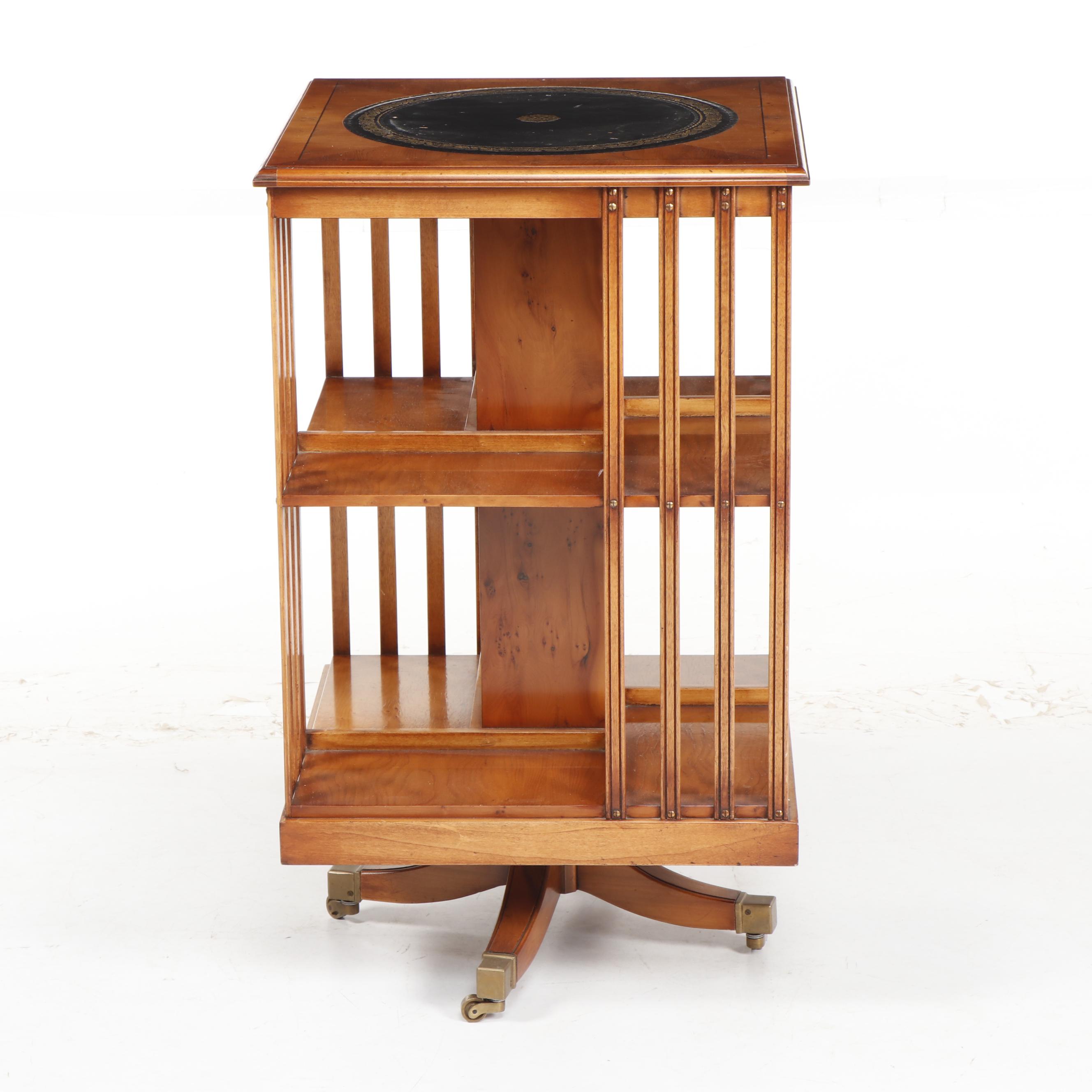 Oak Revolving Bookcase with Leather Top on Casters, 20th Century