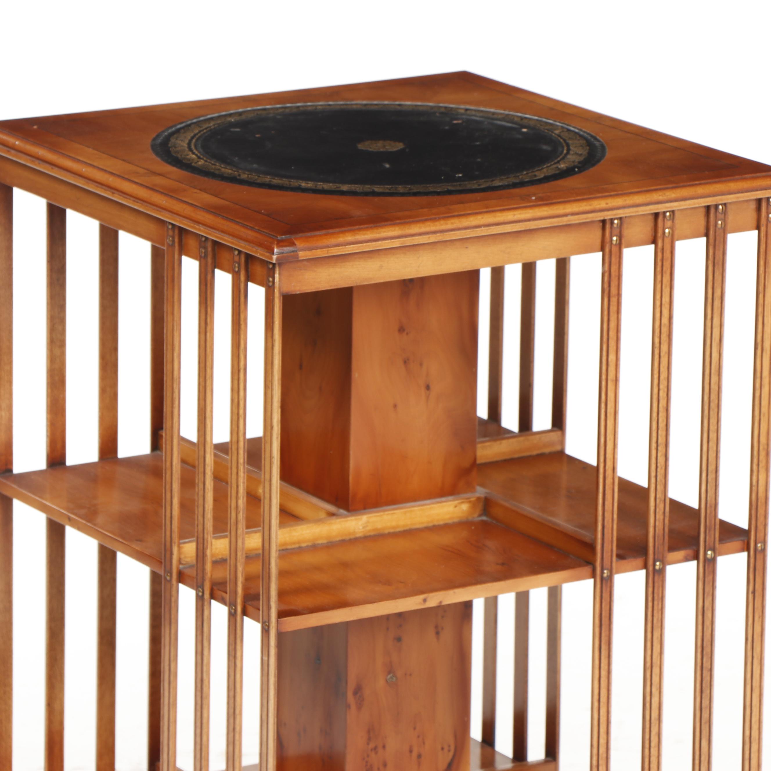Oak Revolving Bookcase with Leather Top on Casters, 20th Century