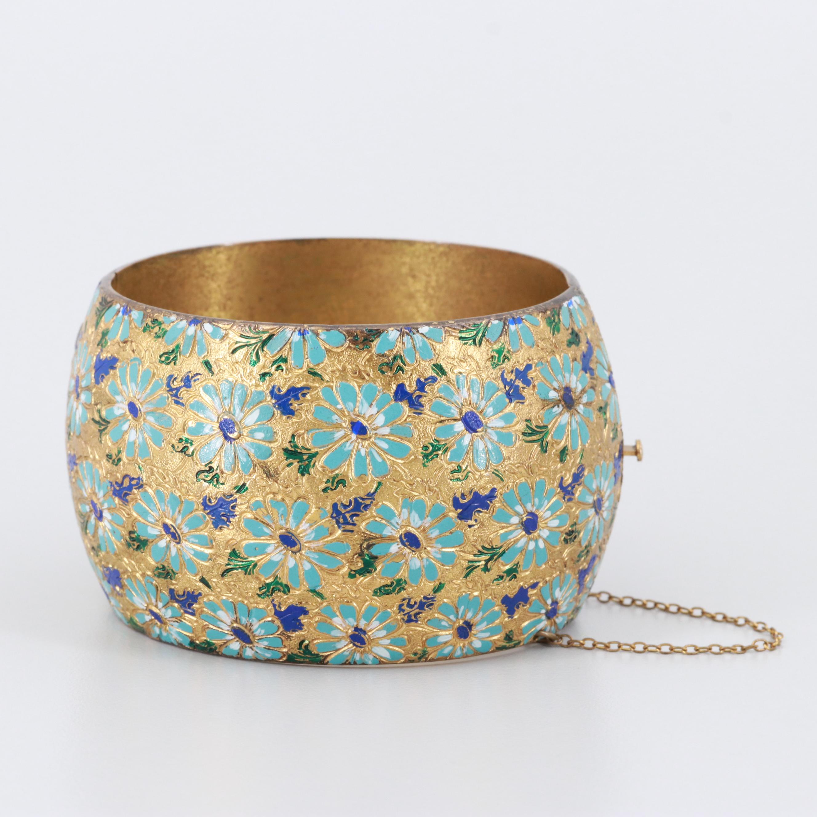 Circa 1950s-1960s Enamel Floral Motif Bangle Bracelet with Engraved Details