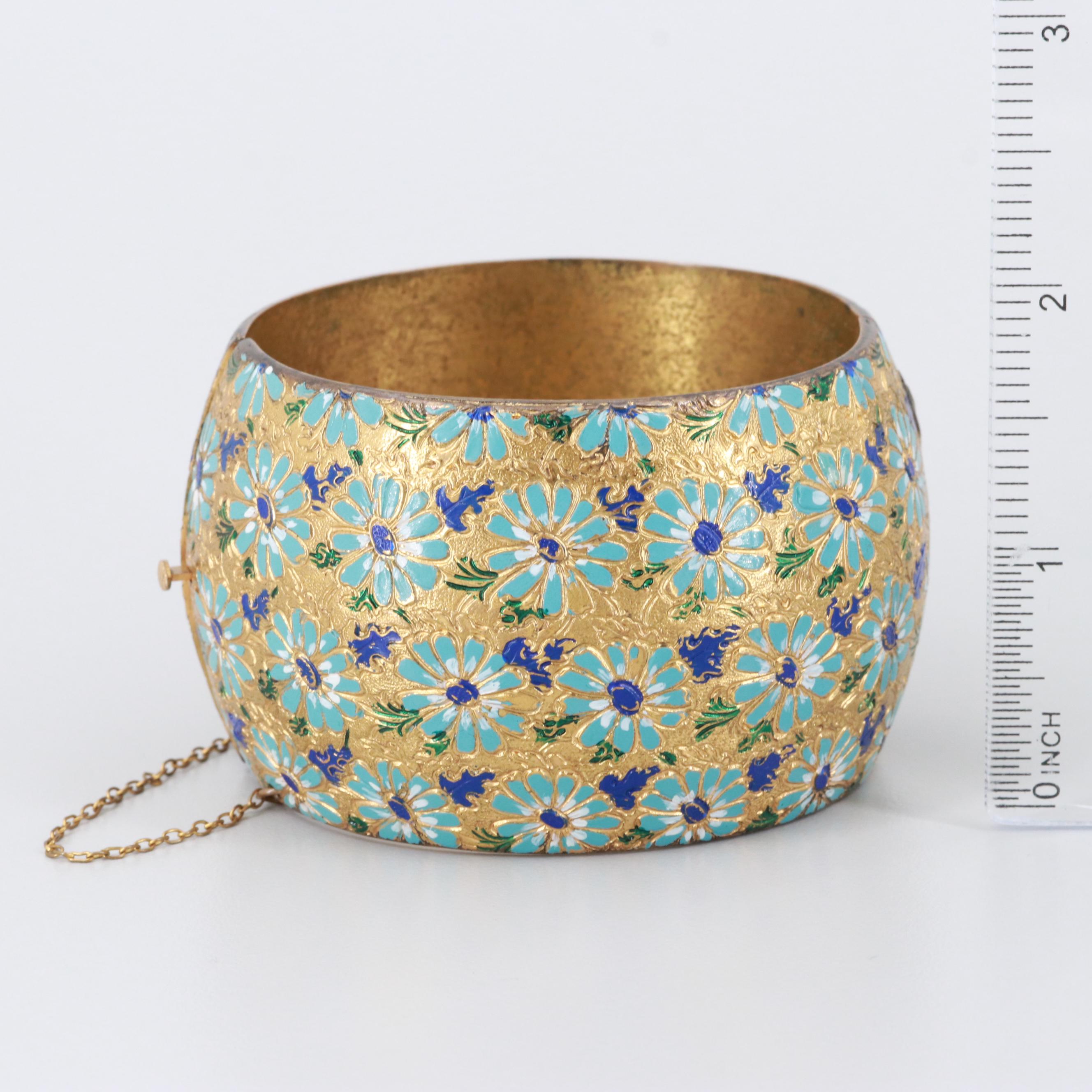 Circa 1950s-1960s Enamel Floral Motif Bangle Bracelet with Engraved Details