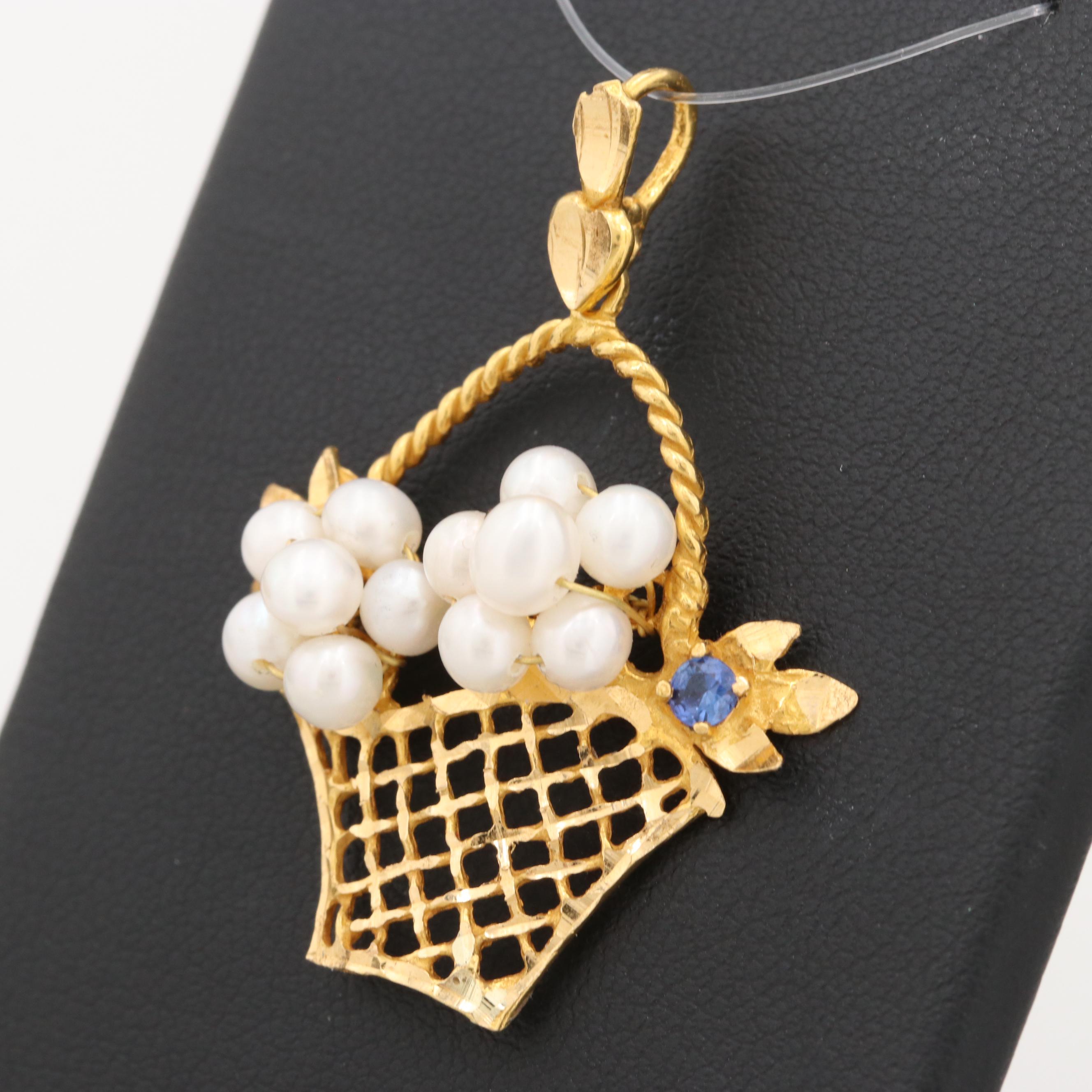 18K Yellow Gold Cultured Pearl and Sapphire Giardinetto Pendant
