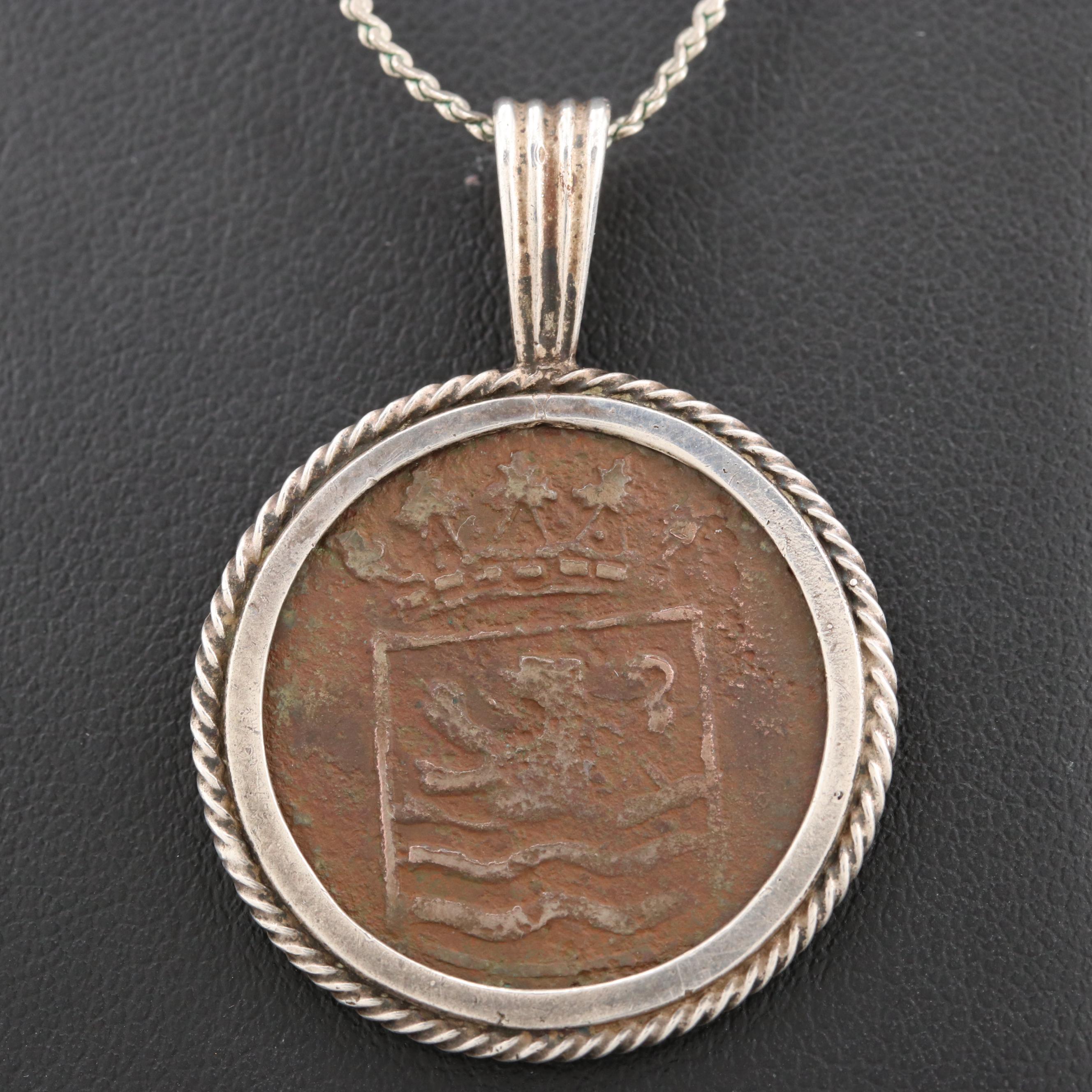 1752 Netherlands East Indies 1-Duit Coin Encased in a Sterling Silver Bezel