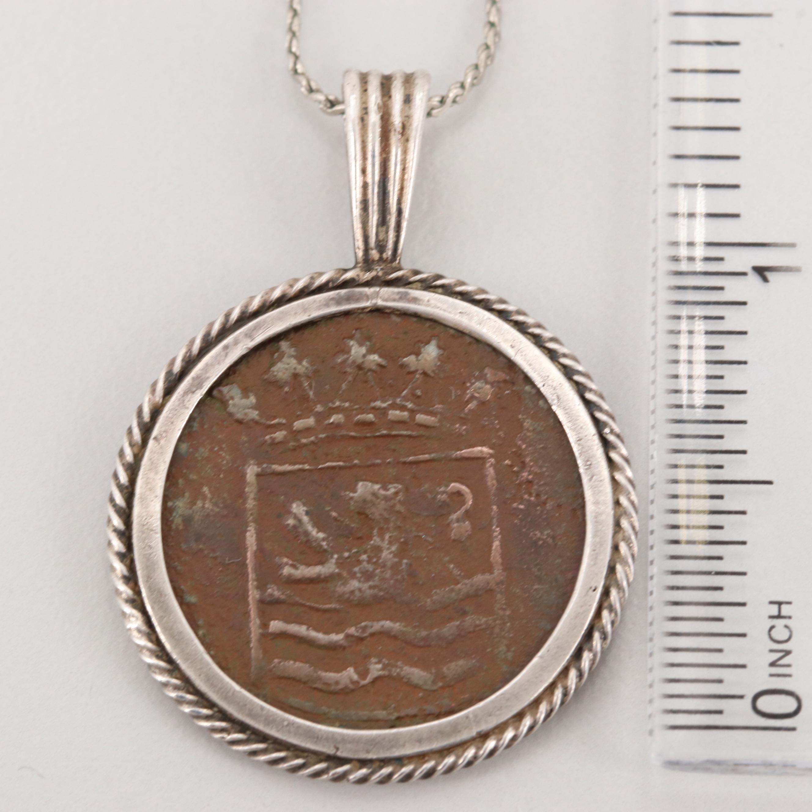 1752 Netherlands East Indies 1-Duit Coin Encased in a Sterling Silver Bezel