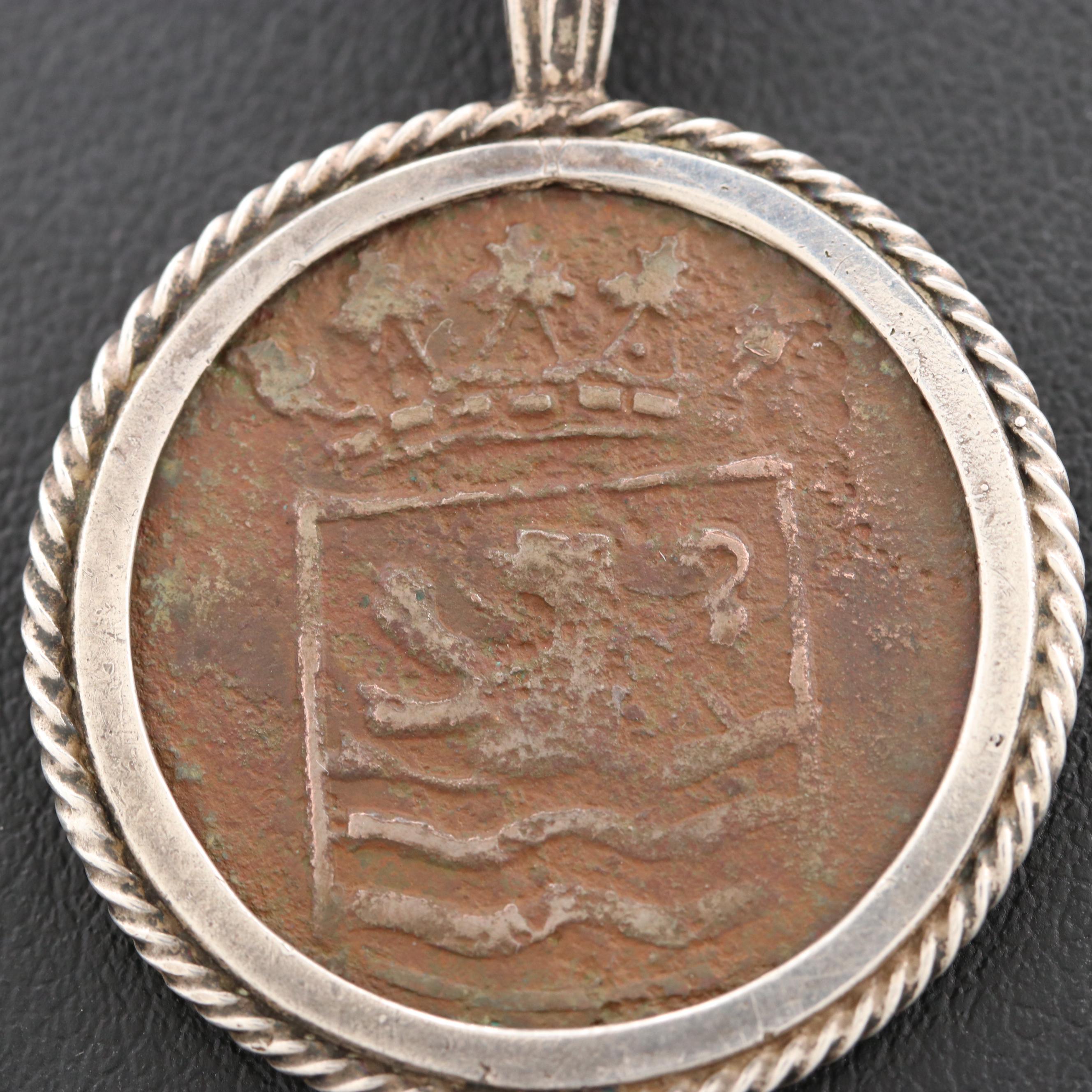 1752 Netherlands East Indies 1-Duit Coin Encased in a Sterling Silver Bezel