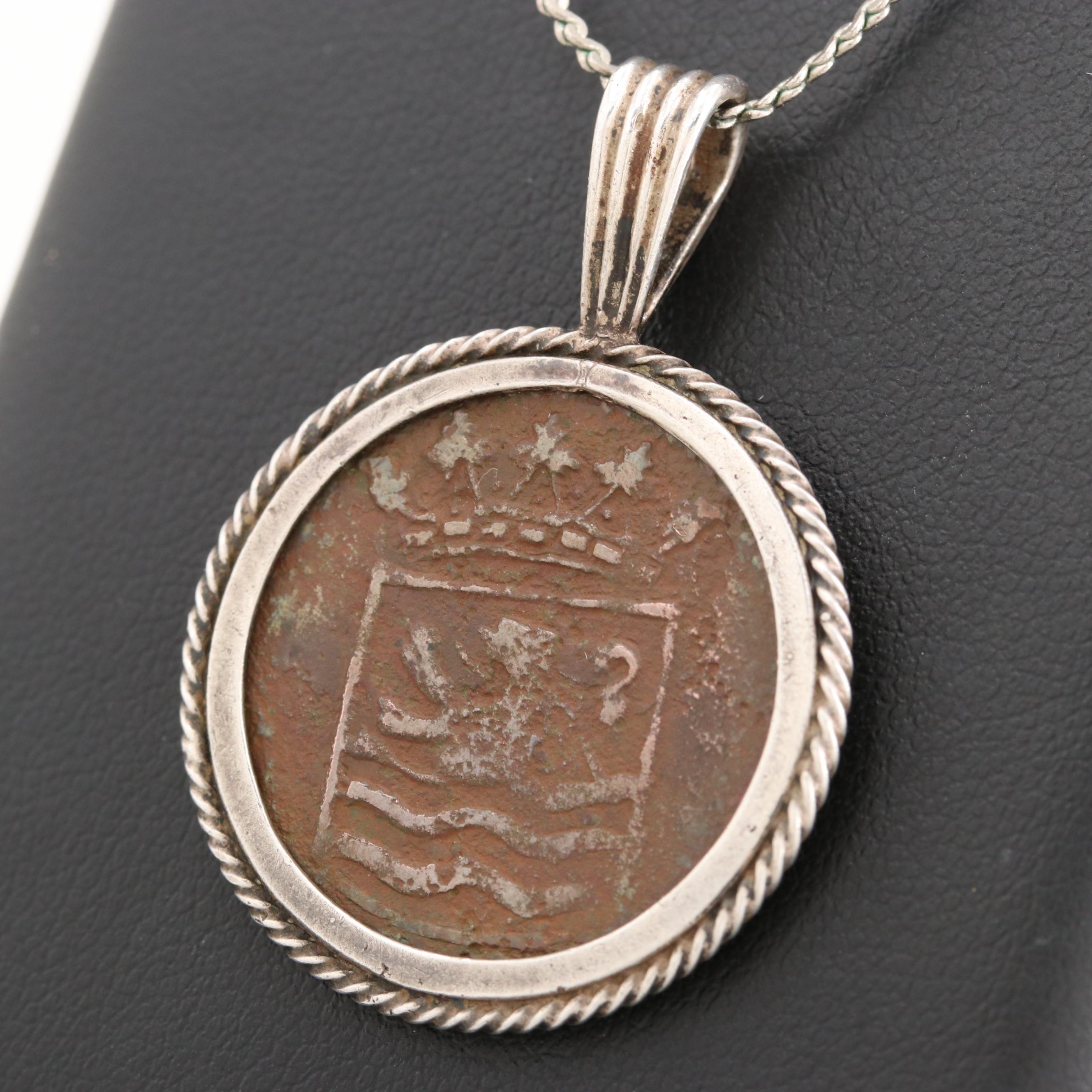 1752 Netherlands East Indies 1-Duit Coin Encased in a Sterling Silver Bezel