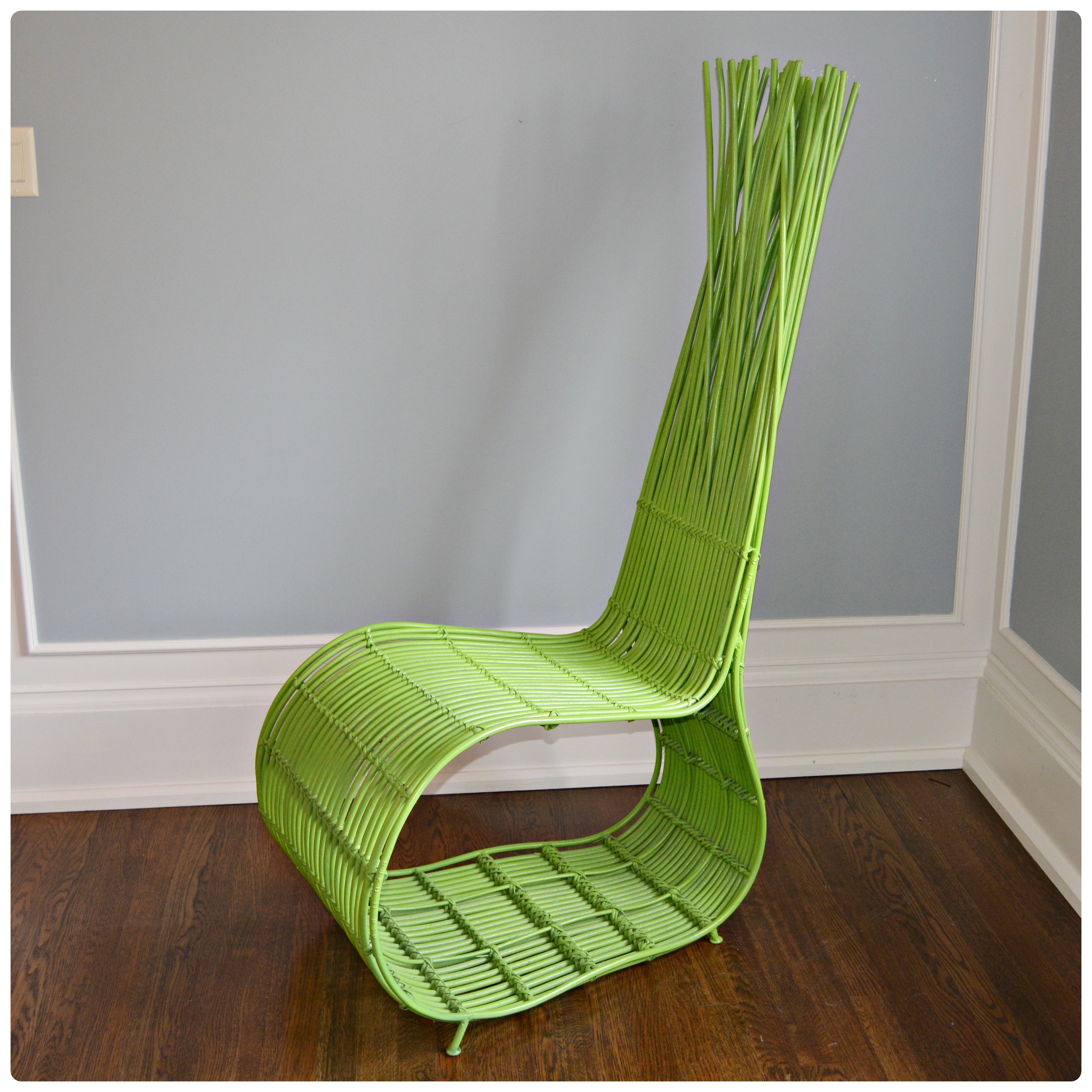 Modern Green Bent Rattan and Metal Chair, Contemporary