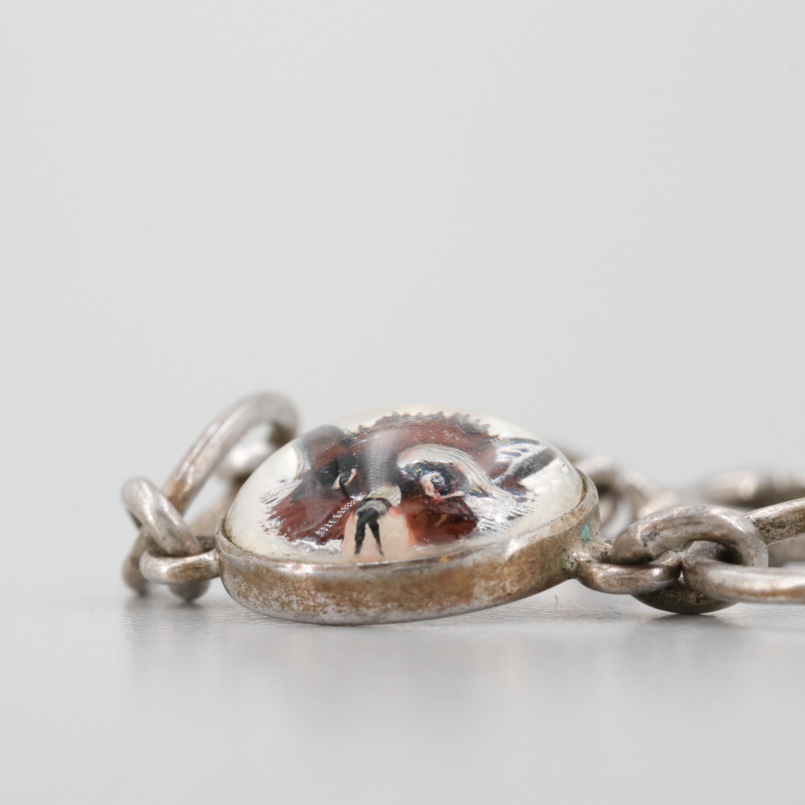 Vintage Sterling Silver Bracelet with Reverse Painted Fox Motif