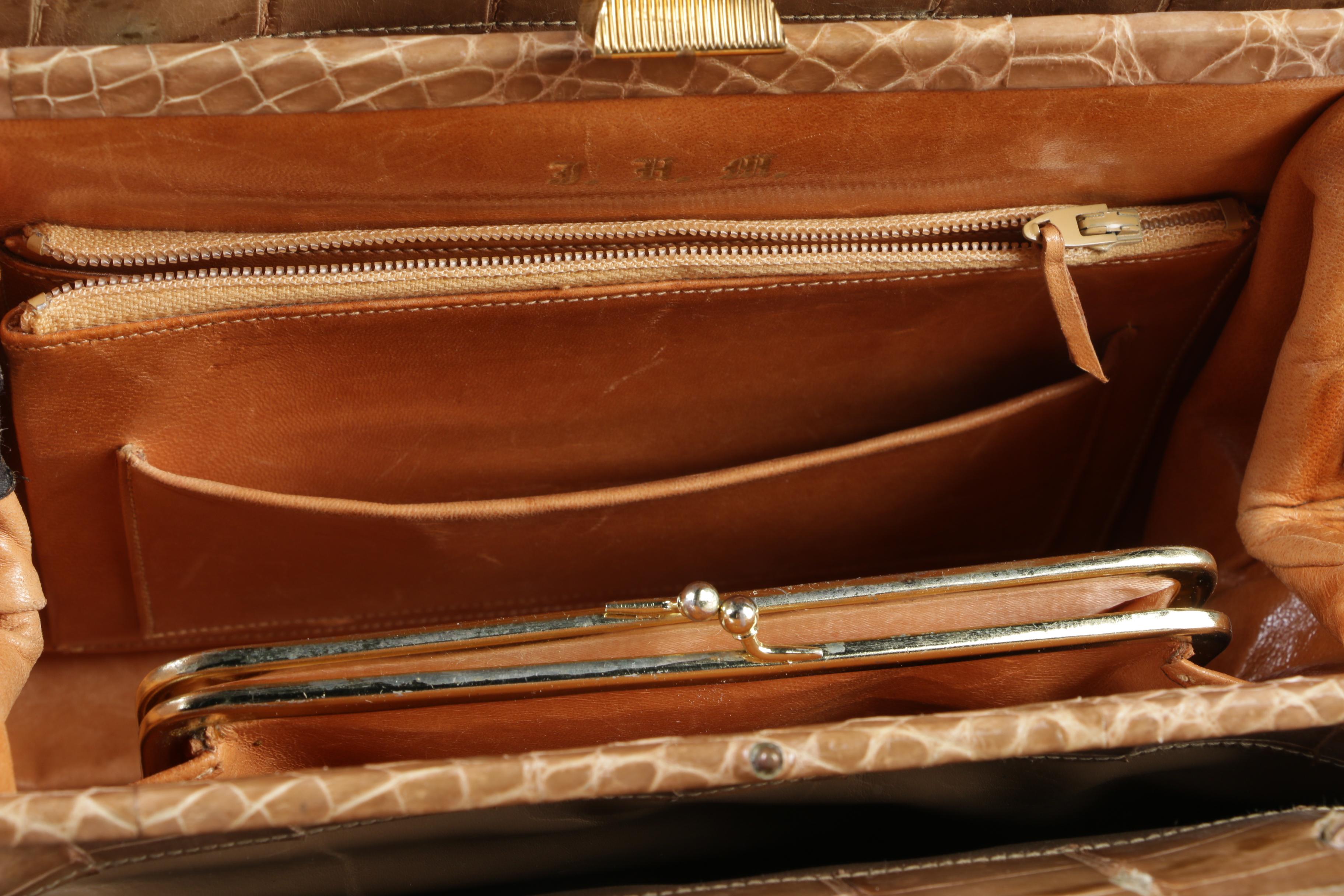 Manon for Saks Fifth Avenue Tan Alligator Skin Kelly Style Handbag,1960s Vintage