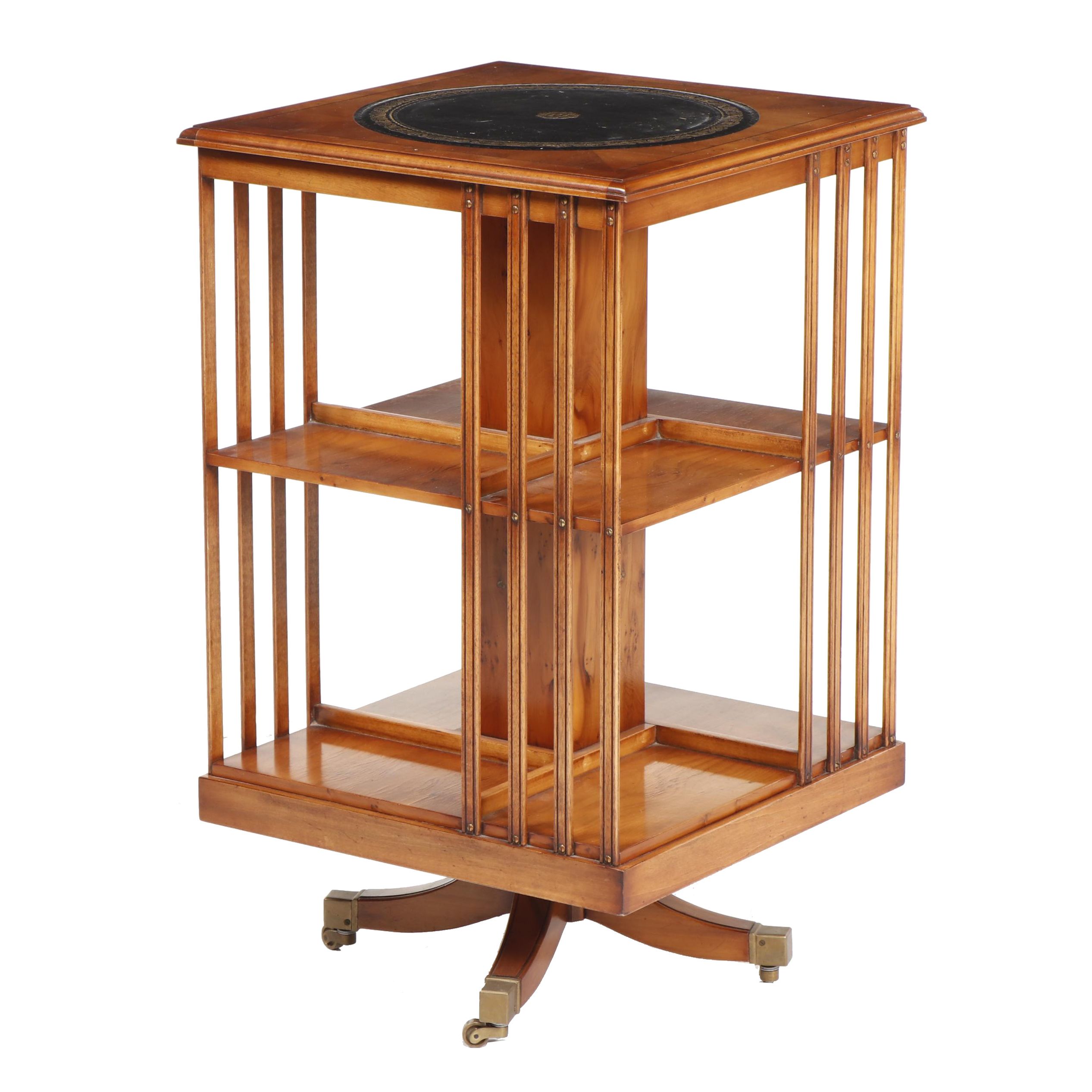 Oak Revolving Bookcase with Leather Top on Casters, 20th Century