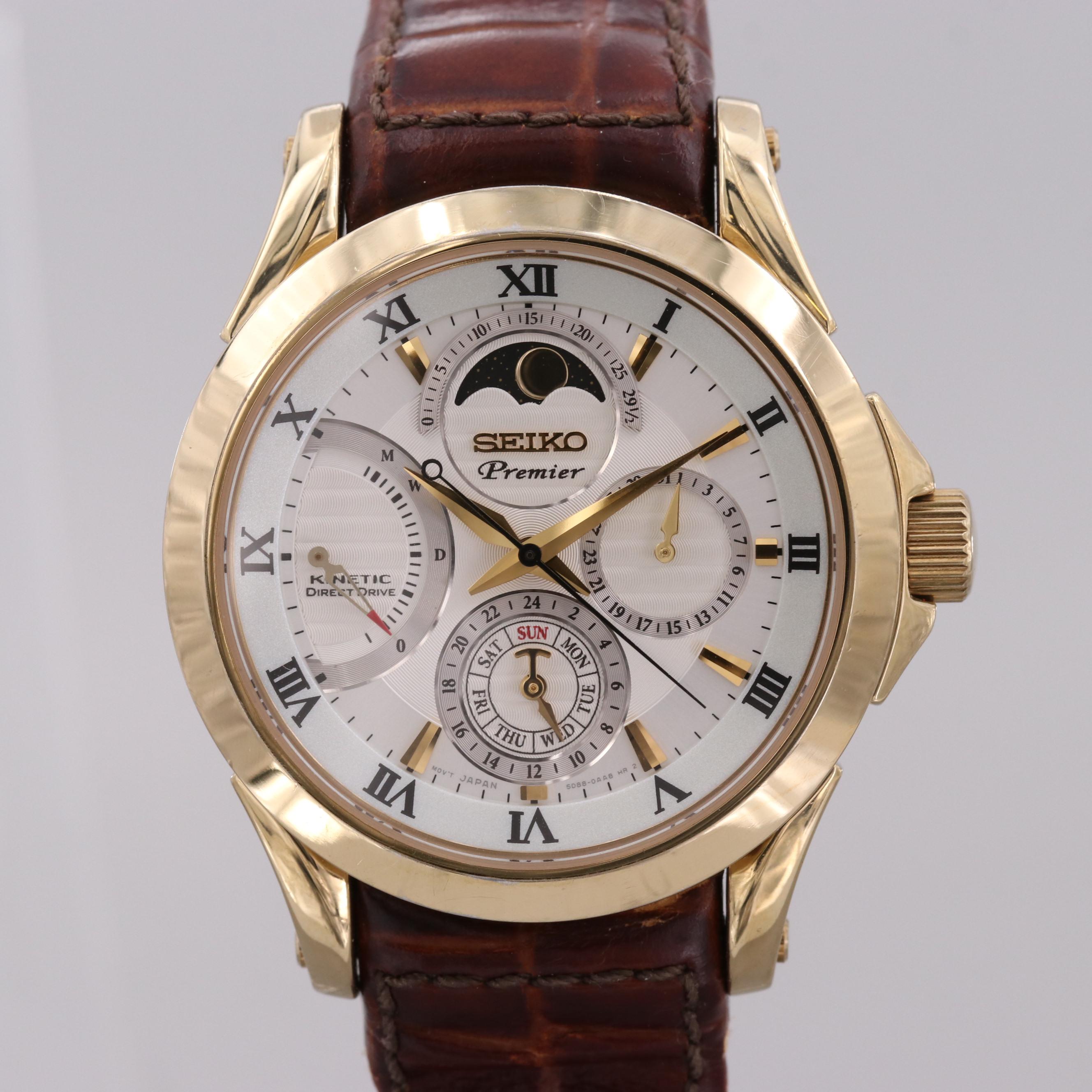 Seiko Premier Kinetic Direct Drive Stainless Steel Watch With Moon Phase
