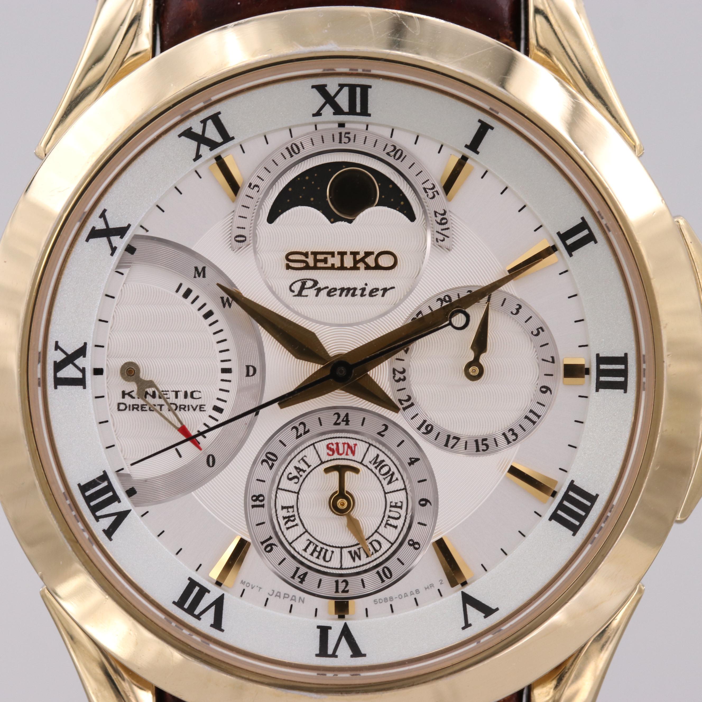 Seiko Premier Kinetic Direct Drive Stainless Steel Watch With Moon Phase