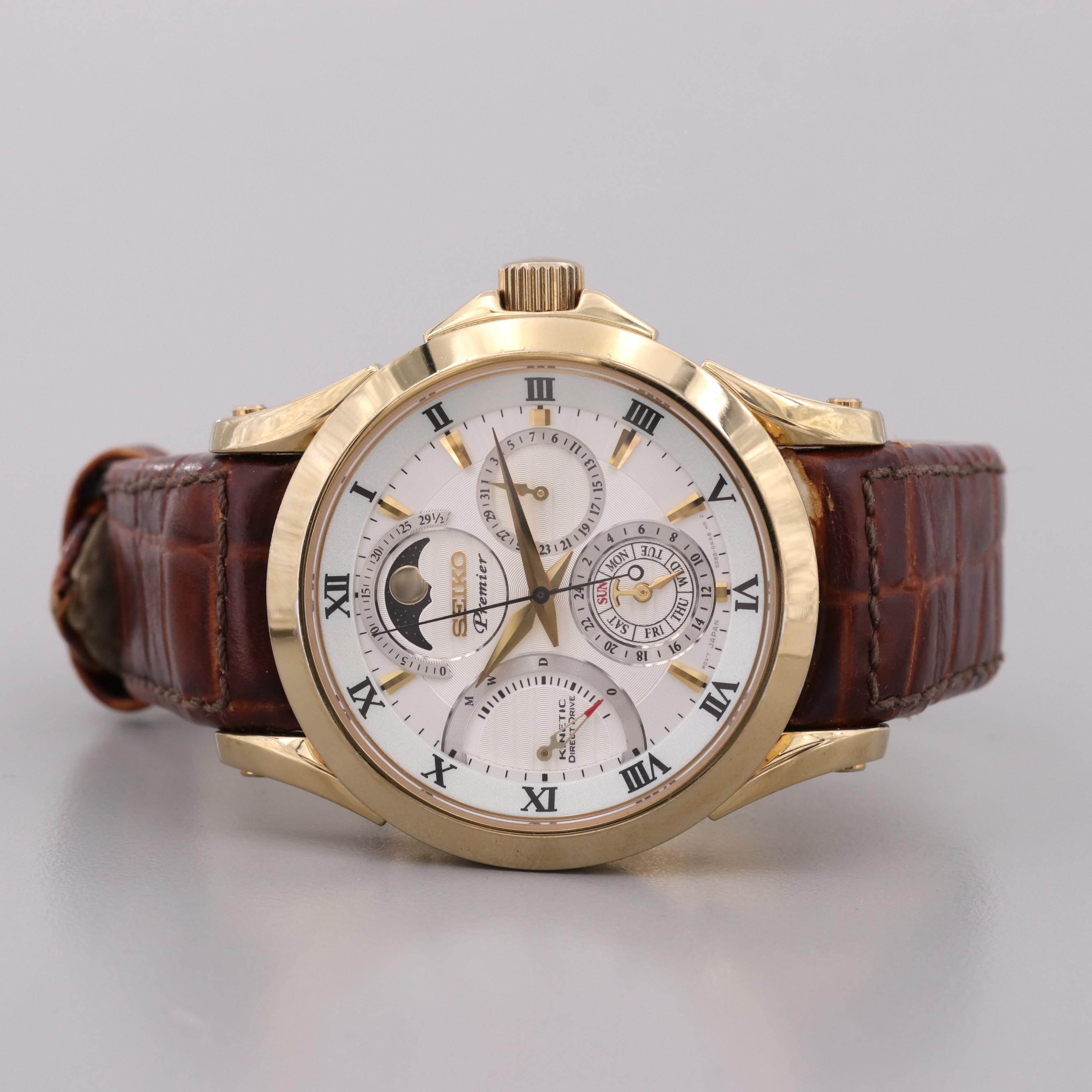 Seiko Premier Kinetic Direct Drive Stainless Steel Watch With Moon Phase