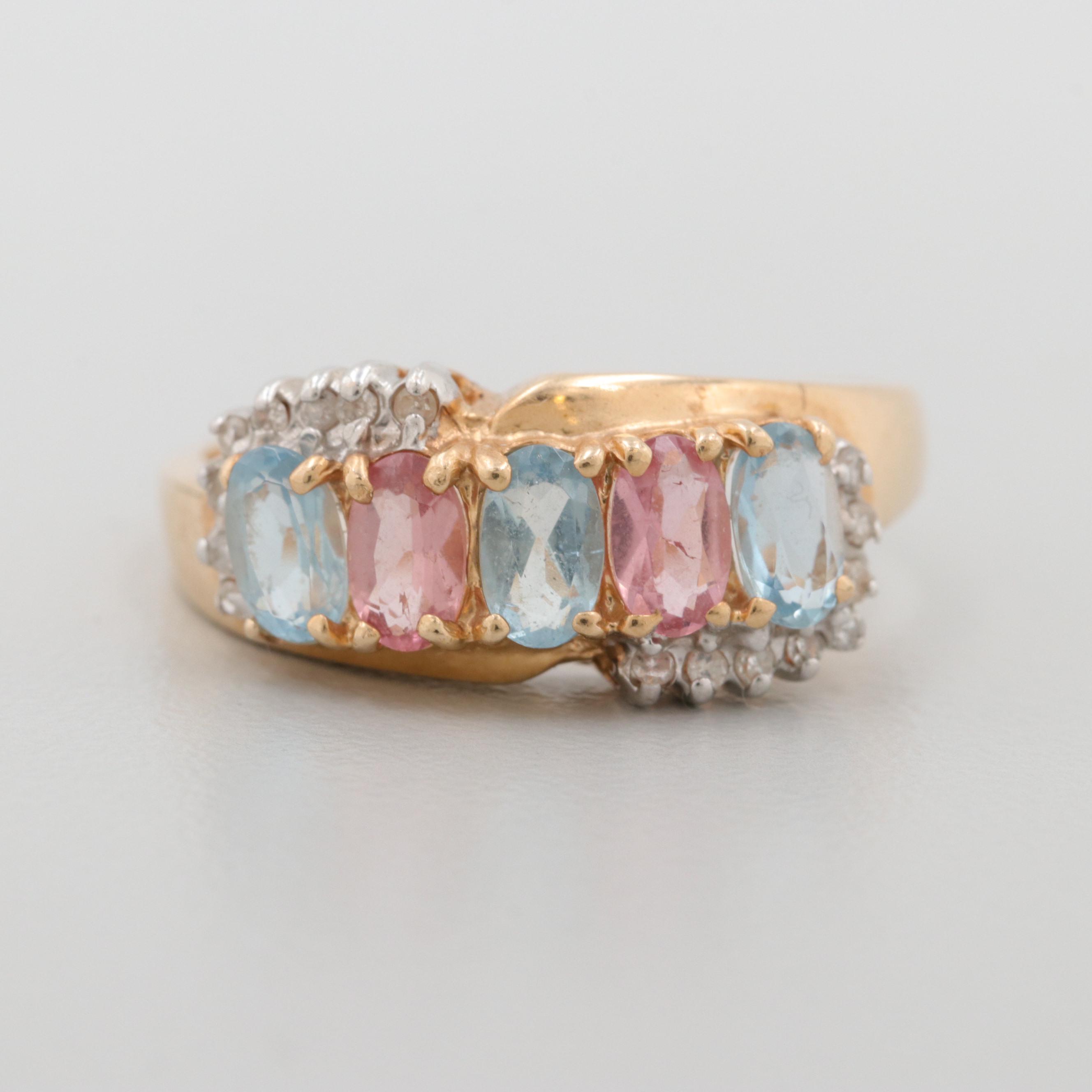 14K Yellow Gold Aquamarine, Pink Tourmaline, and Diamond Ring