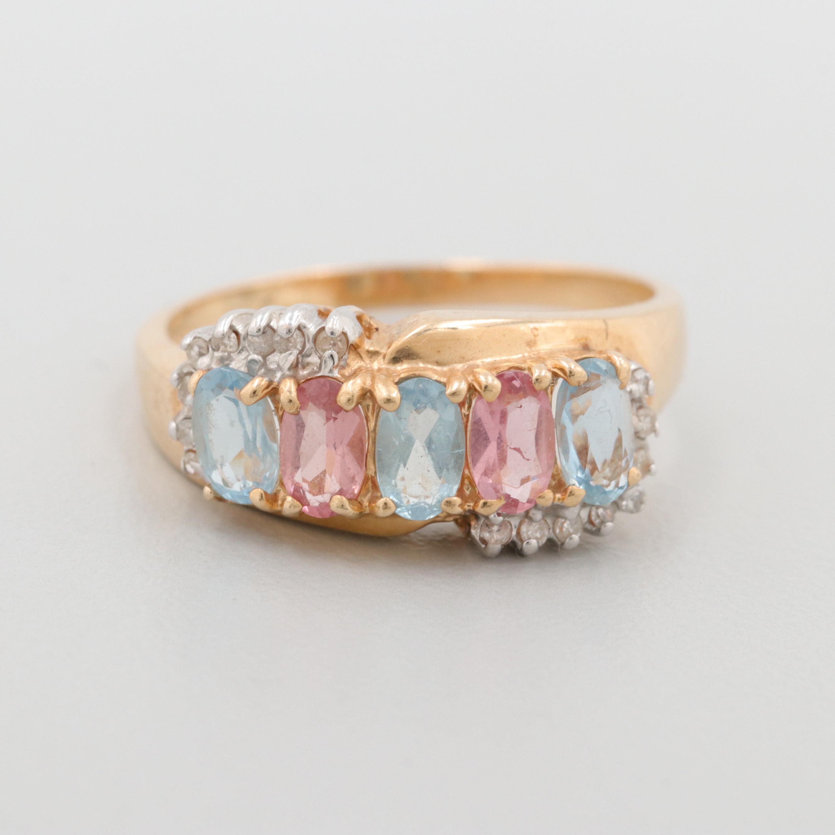 14K Yellow Gold Aquamarine, Pink Tourmaline, and Diamond Ring