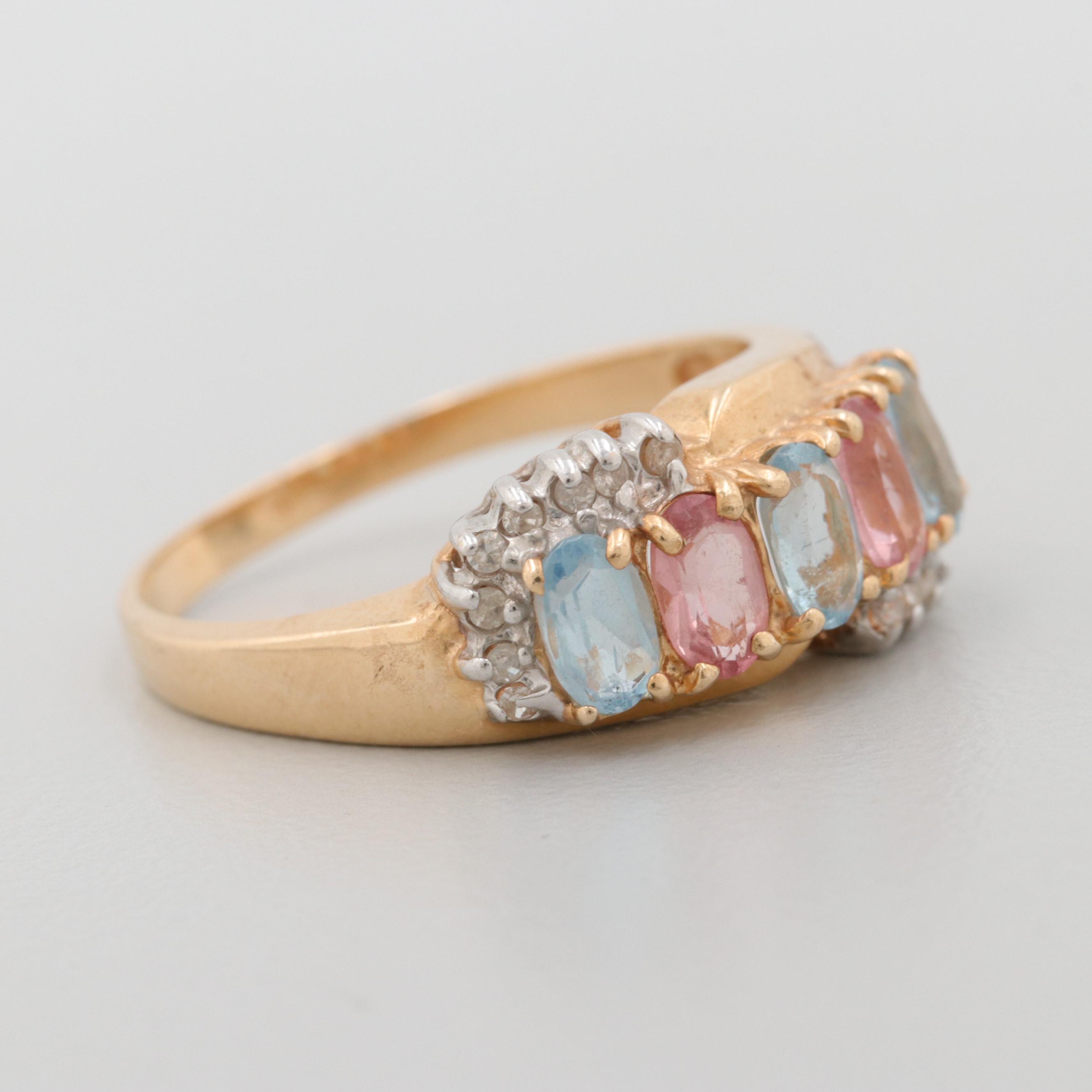 14K Yellow Gold Aquamarine, Pink Tourmaline, and Diamond Ring