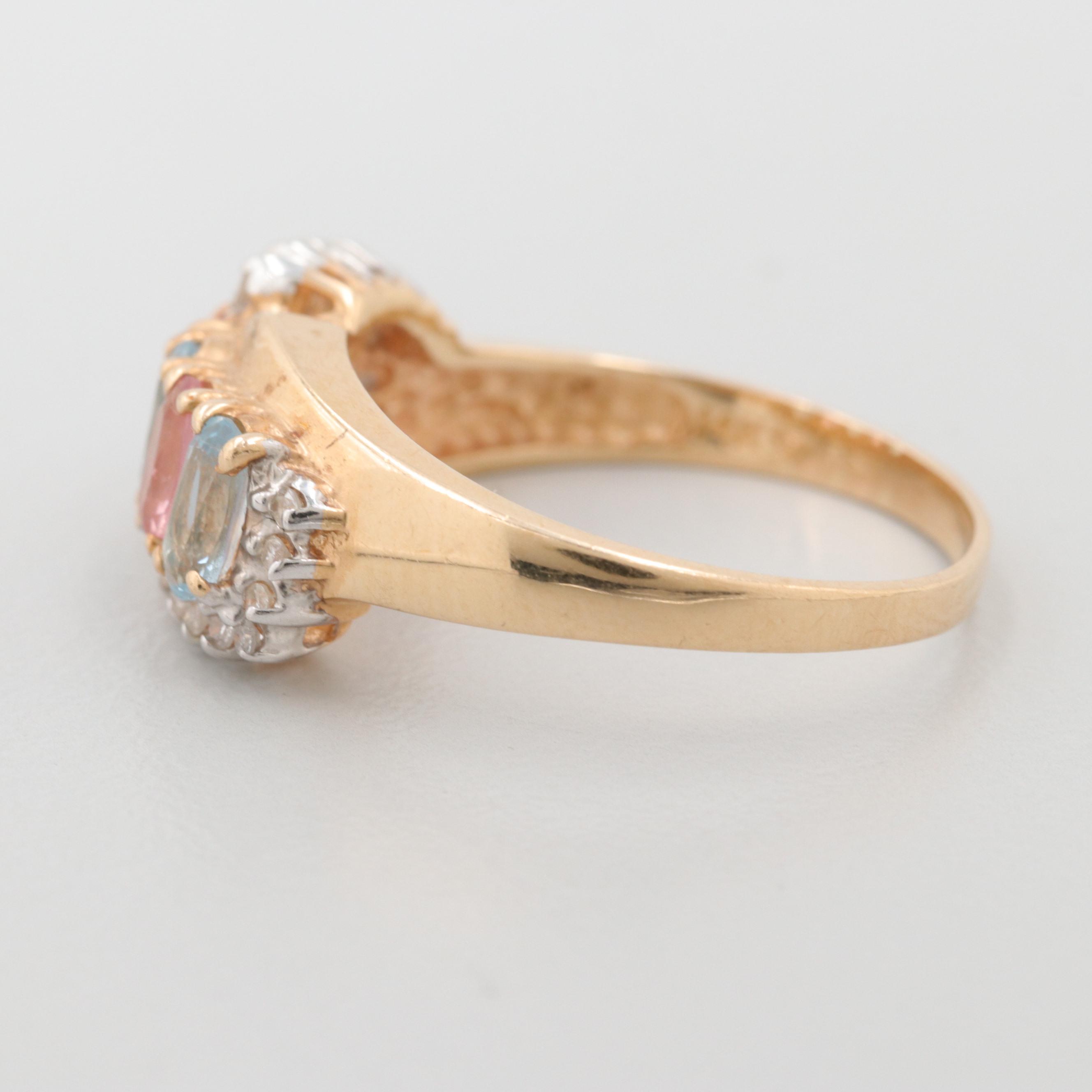 14K Yellow Gold Aquamarine, Pink Tourmaline, and Diamond Ring