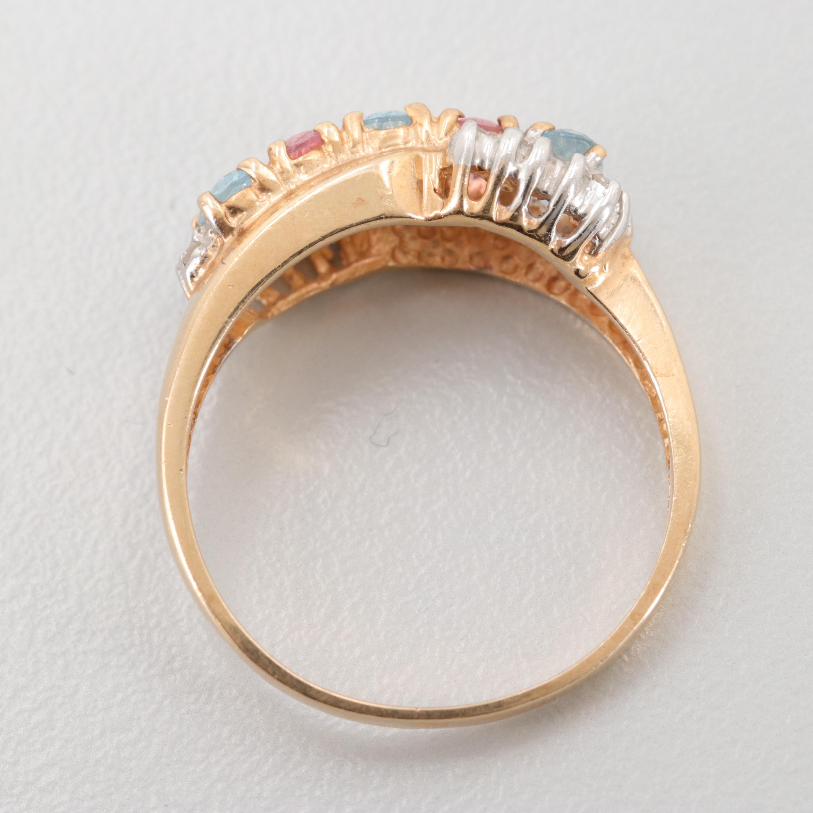 14K Yellow Gold Aquamarine, Pink Tourmaline, and Diamond Ring