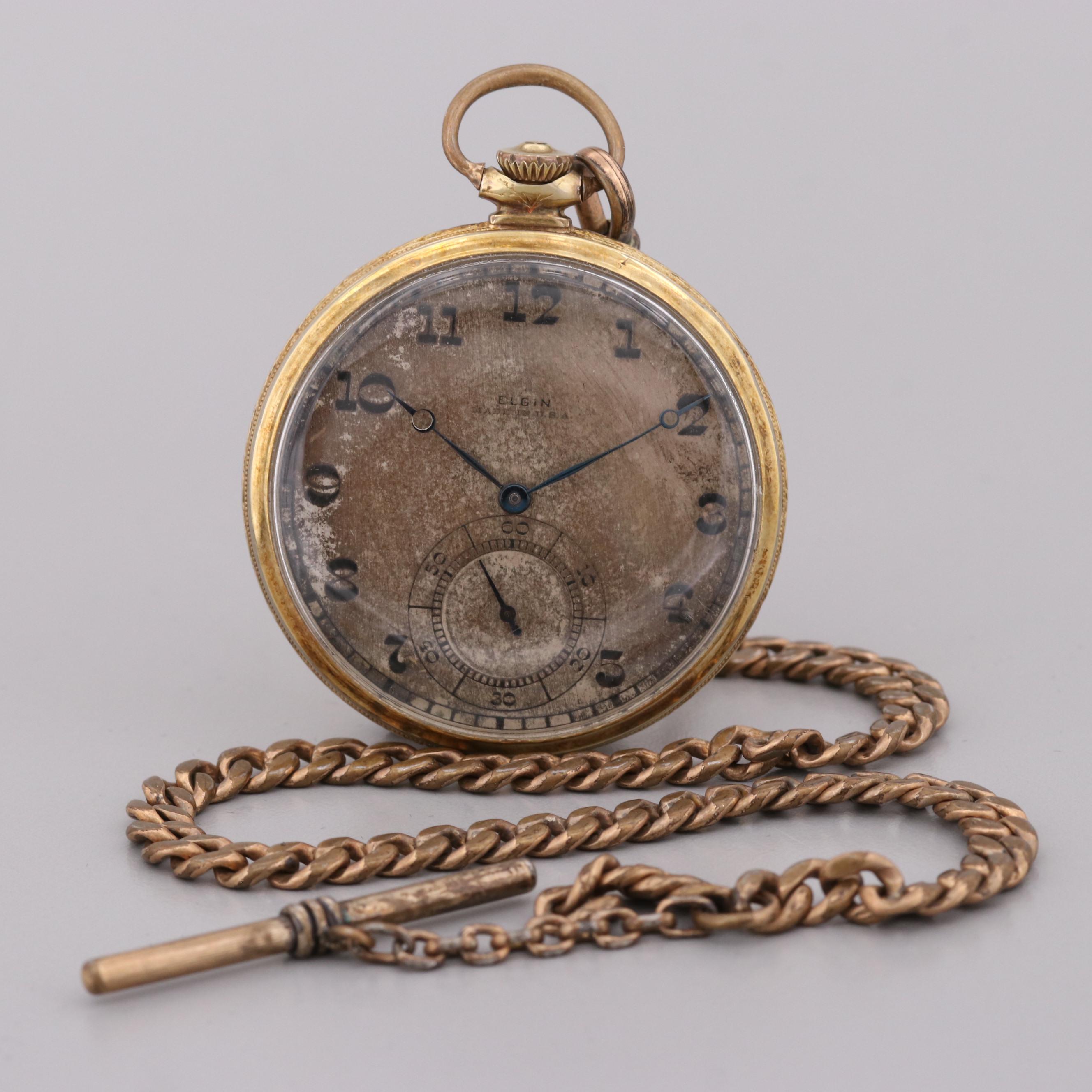 Vintage Elgin 14K Gold Filled Open Face Pocket Watch