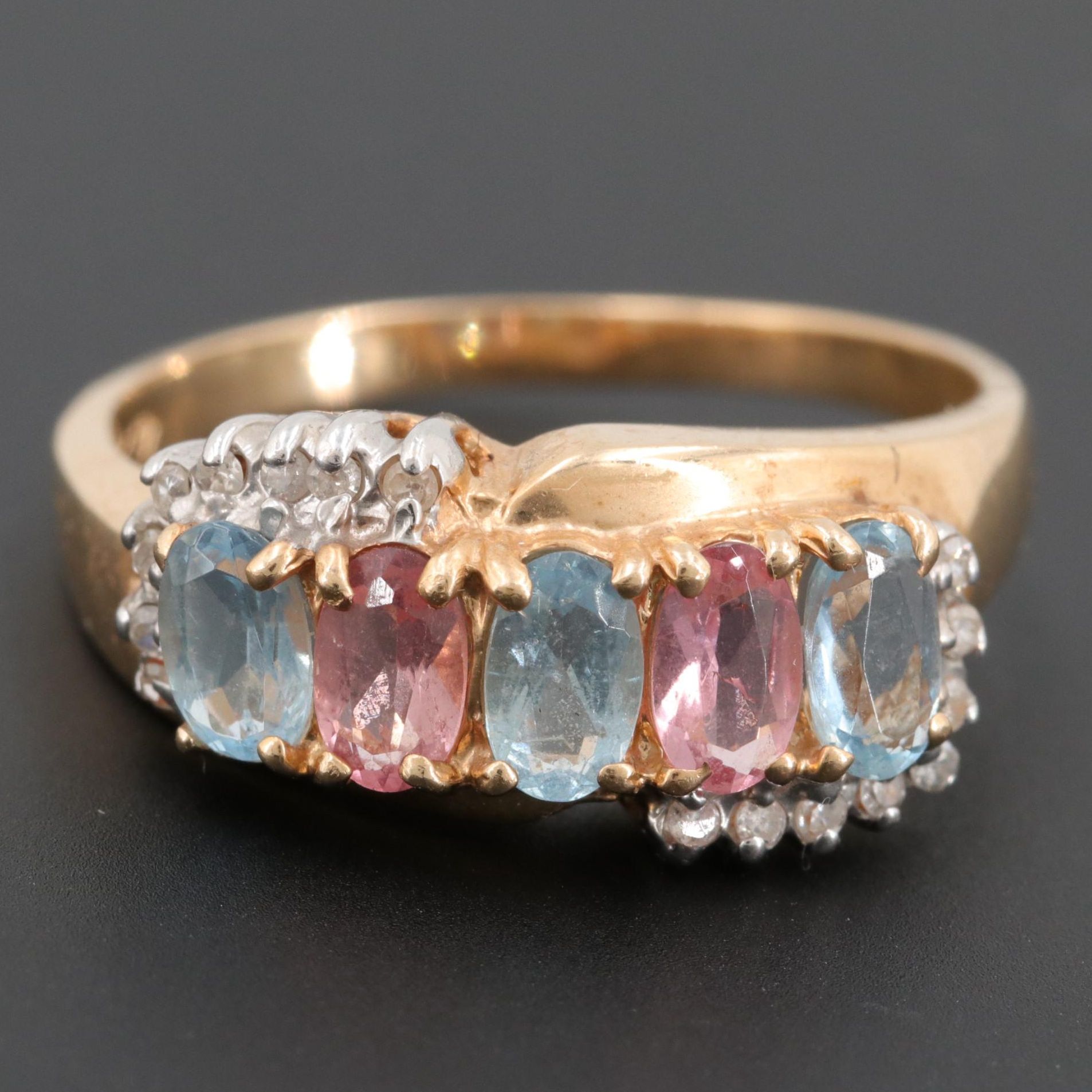 14K Yellow Gold Aquamarine, Pink Tourmaline, and Diamond Ring
