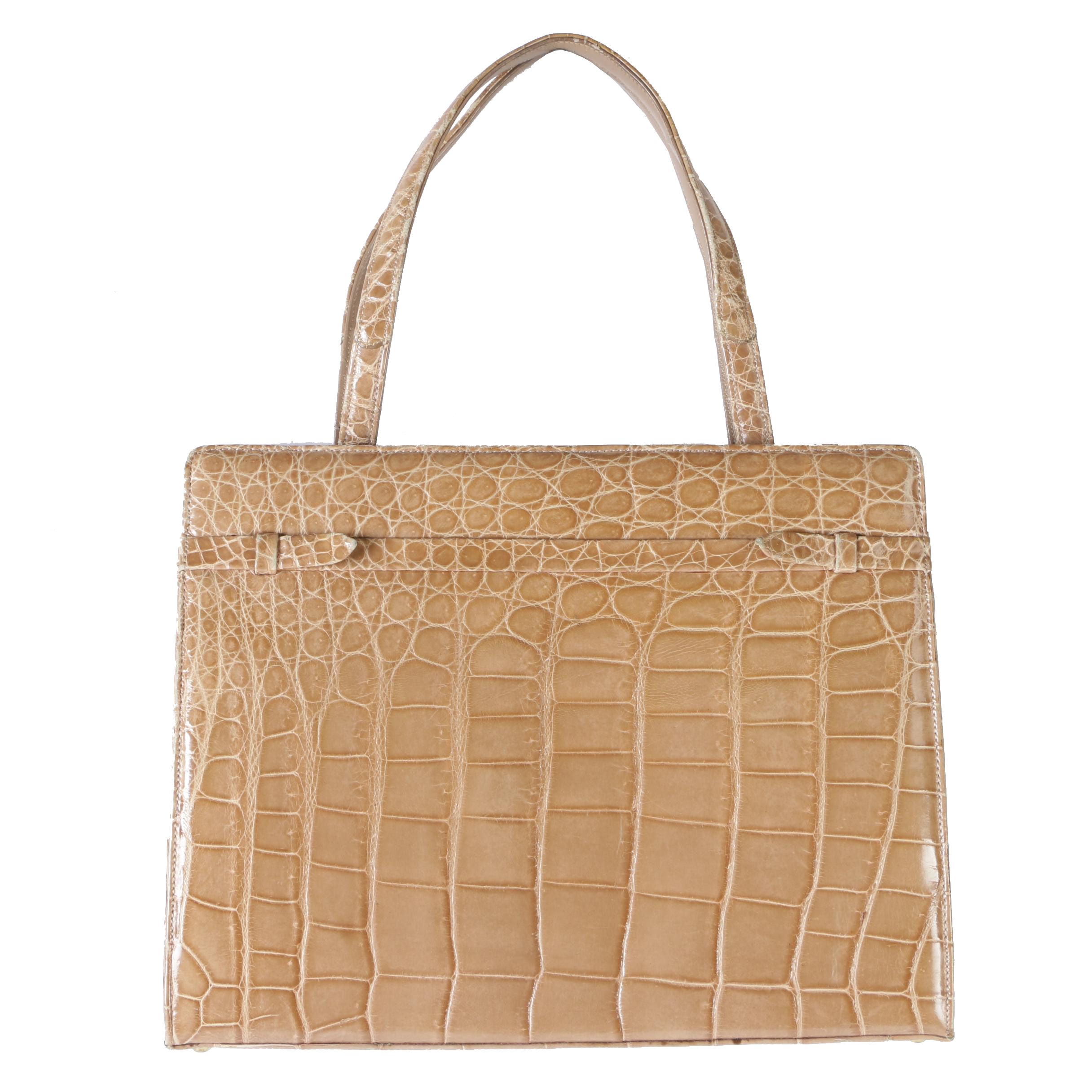 Manon for Saks Fifth Avenue Tan Alligator Skin Kelly Style Handbag,1960s Vintage