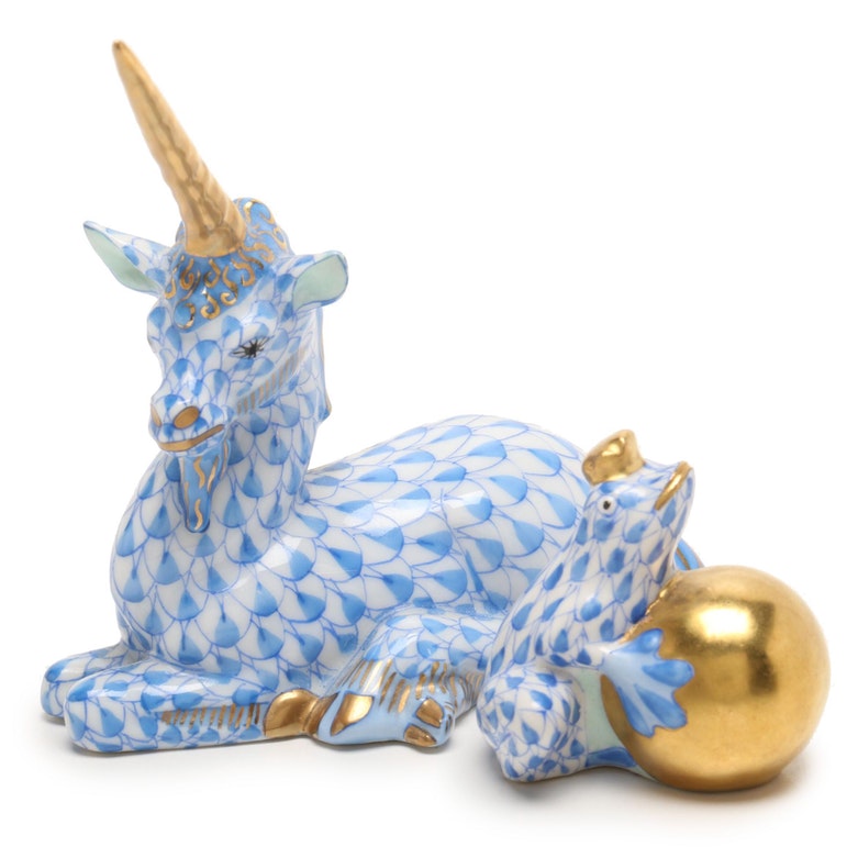 Herend Hungary Unicorn and "Frog Prince" Handpainted Porcelain Figurines