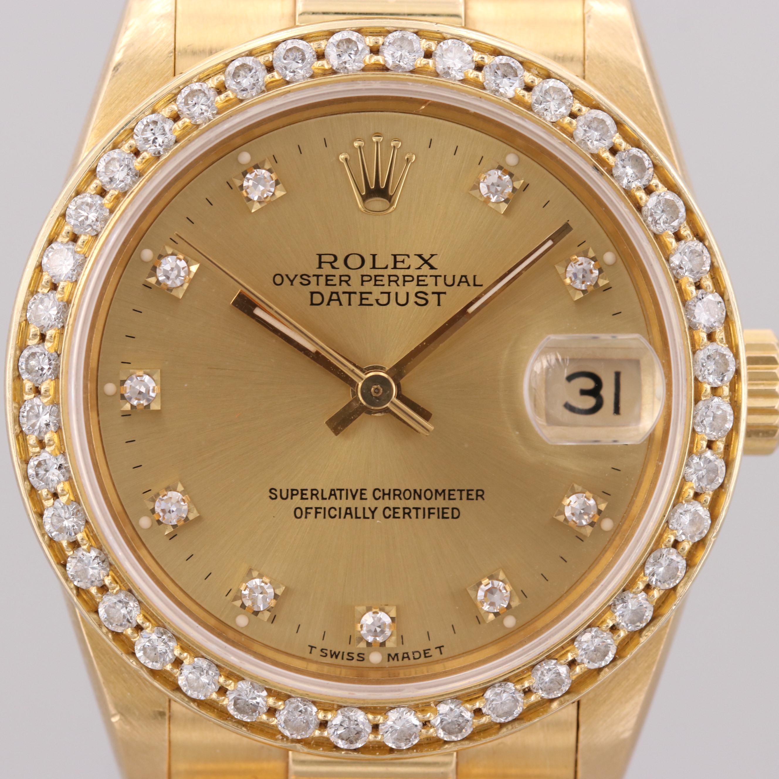 Rolex Datejust 18K Yellow Gold Watch With 1.18 CTW Diamond Bezel and Dial