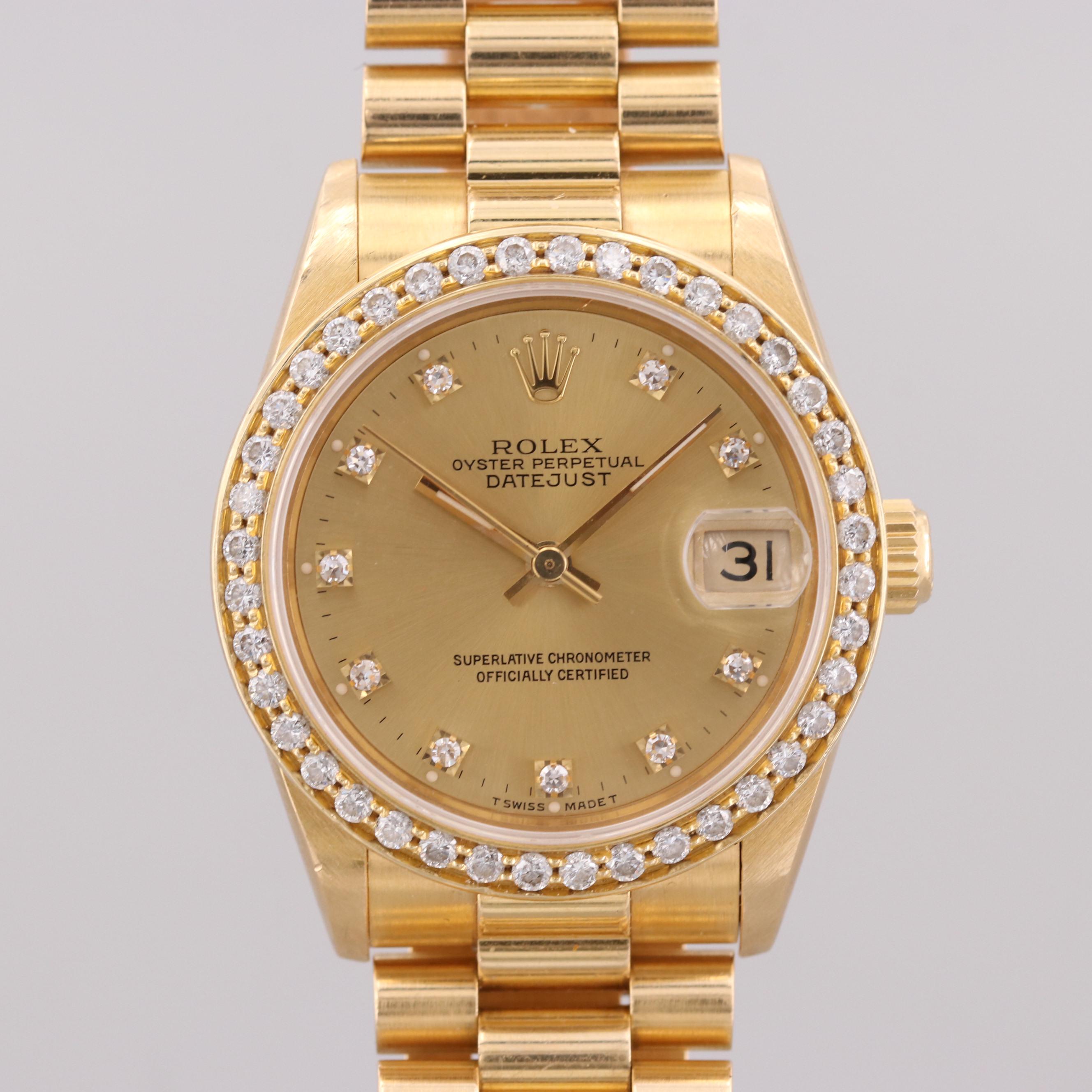 Rolex Datejust 18K Yellow Gold Watch With 1.18 CTW Diamond Bezel and Dial