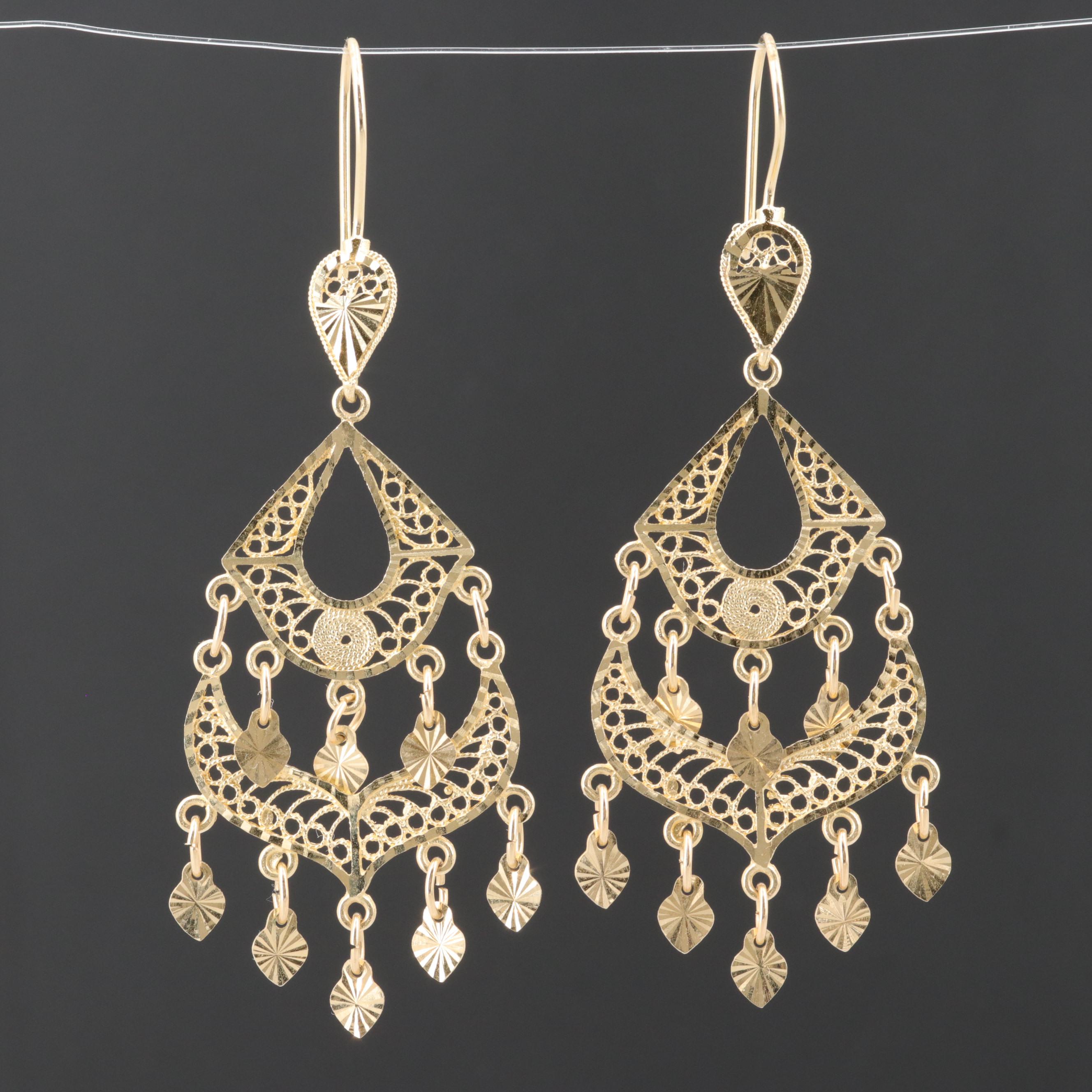 Turkish 14K Yellow Gold Filigree Dangle Earrings