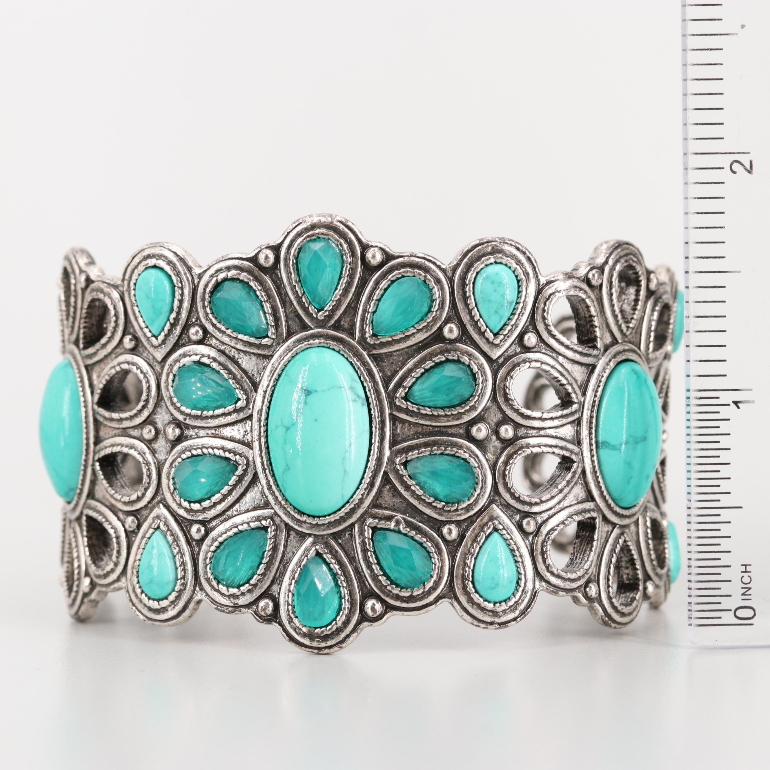 Silver Tone Cuff and Expandable Bracelets Including Coral and Turquoise