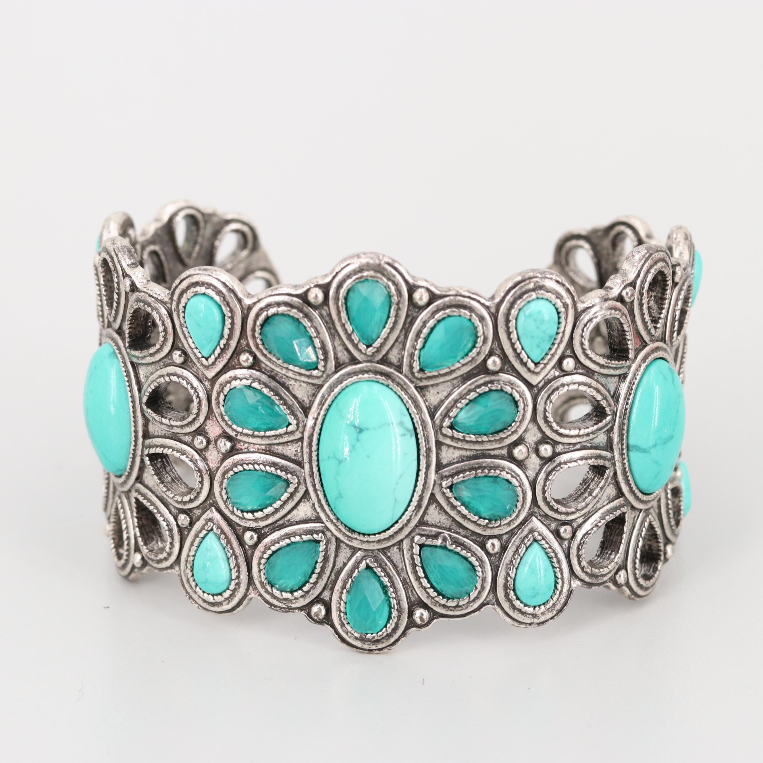 Silver Tone Cuff and Expandable Bracelets Including Coral and Turquoise