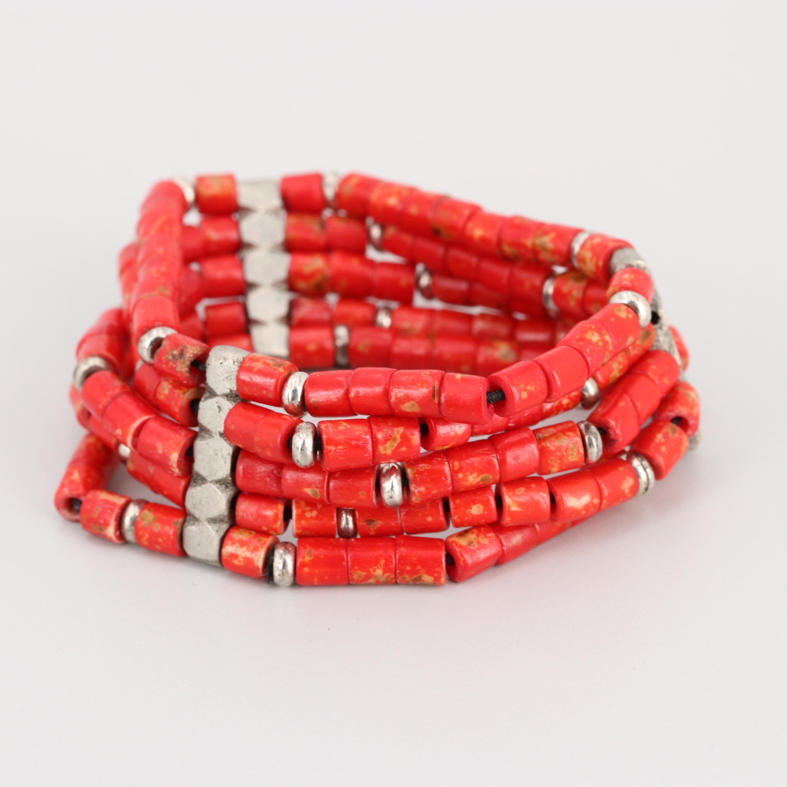 Silver Tone Cuff and Expandable Bracelets Including Coral and Turquoise