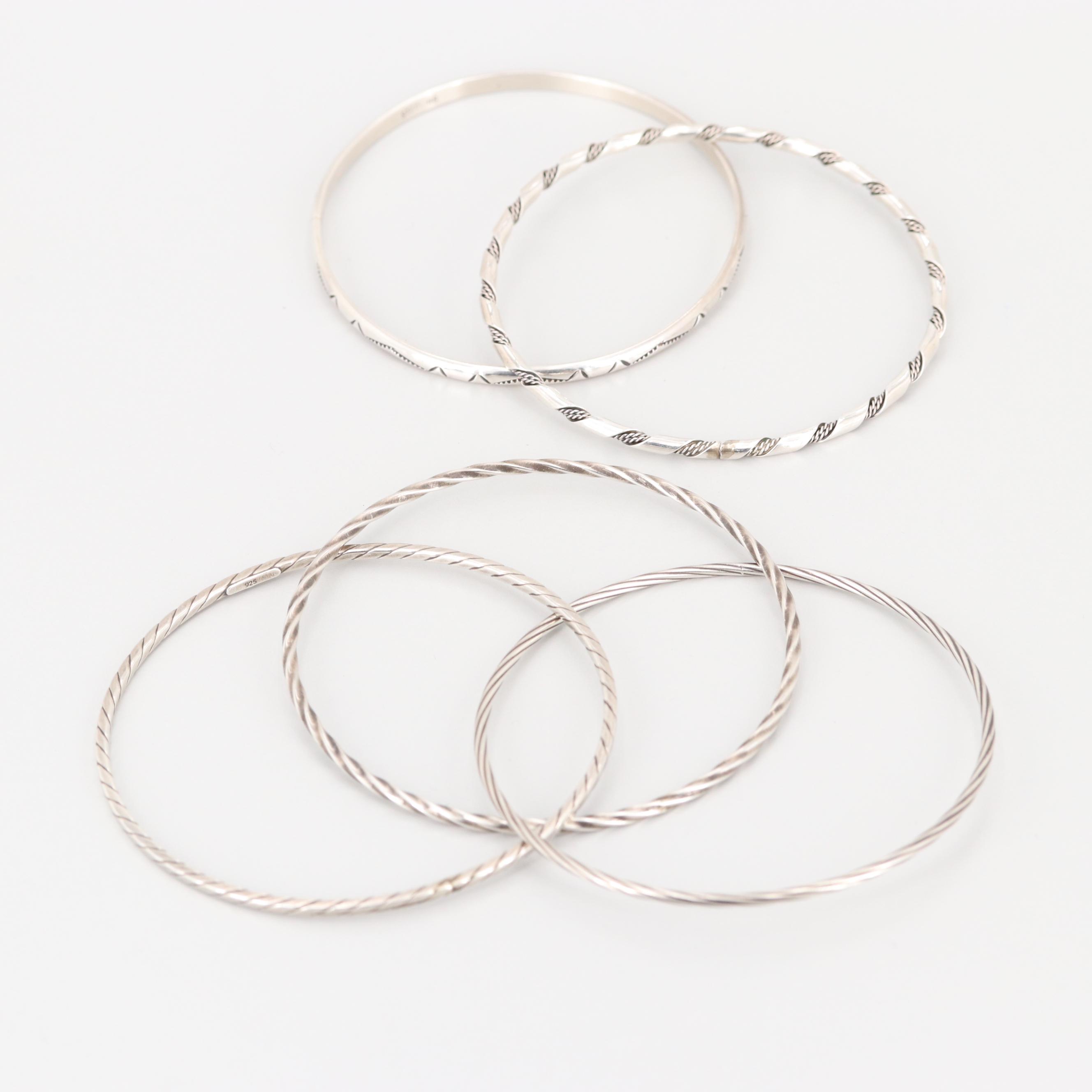 Collection of Sterling Silver Engraved and Interlocking Bangle Bracelets