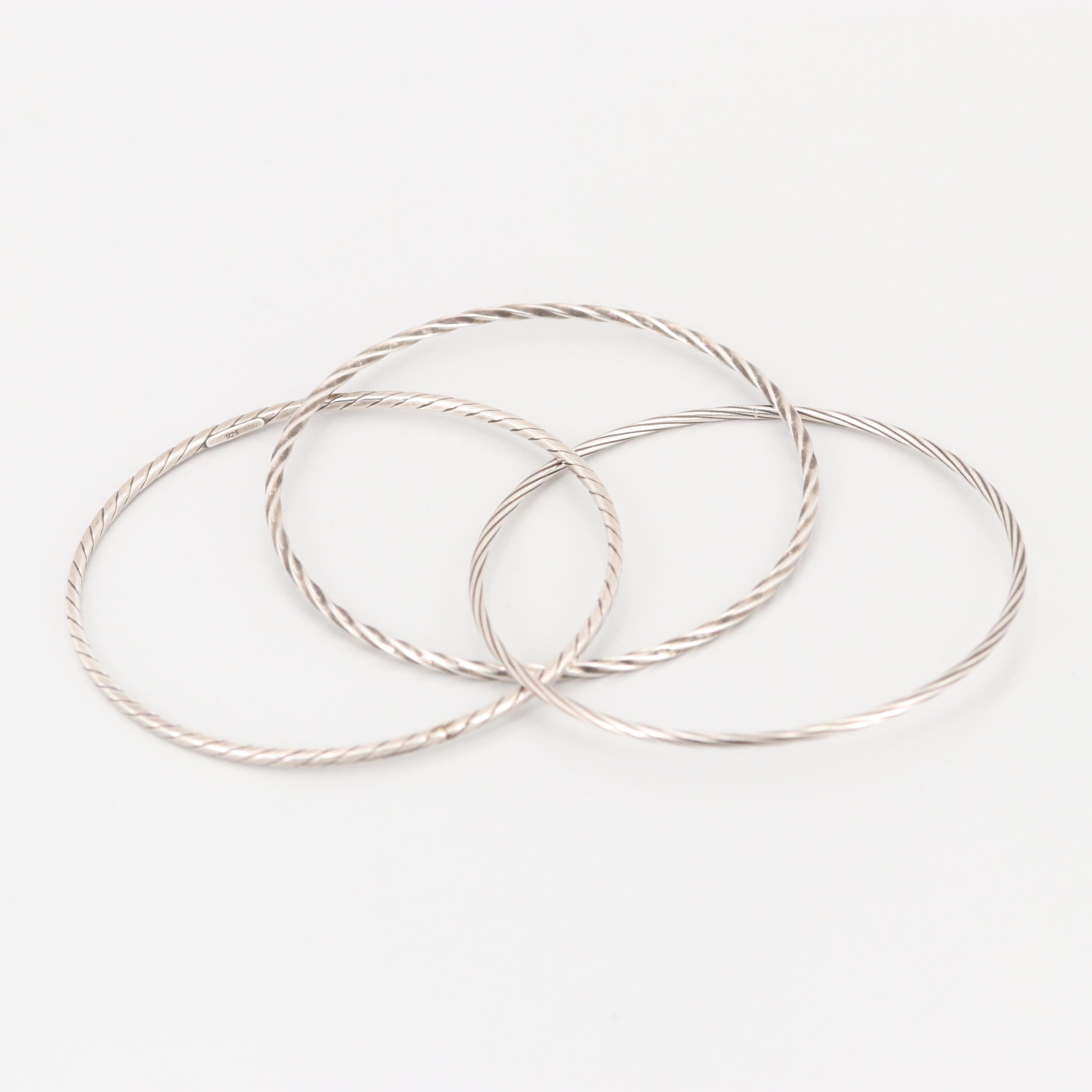 Collection of Sterling Silver Engraved and Interlocking Bangle Bracelets