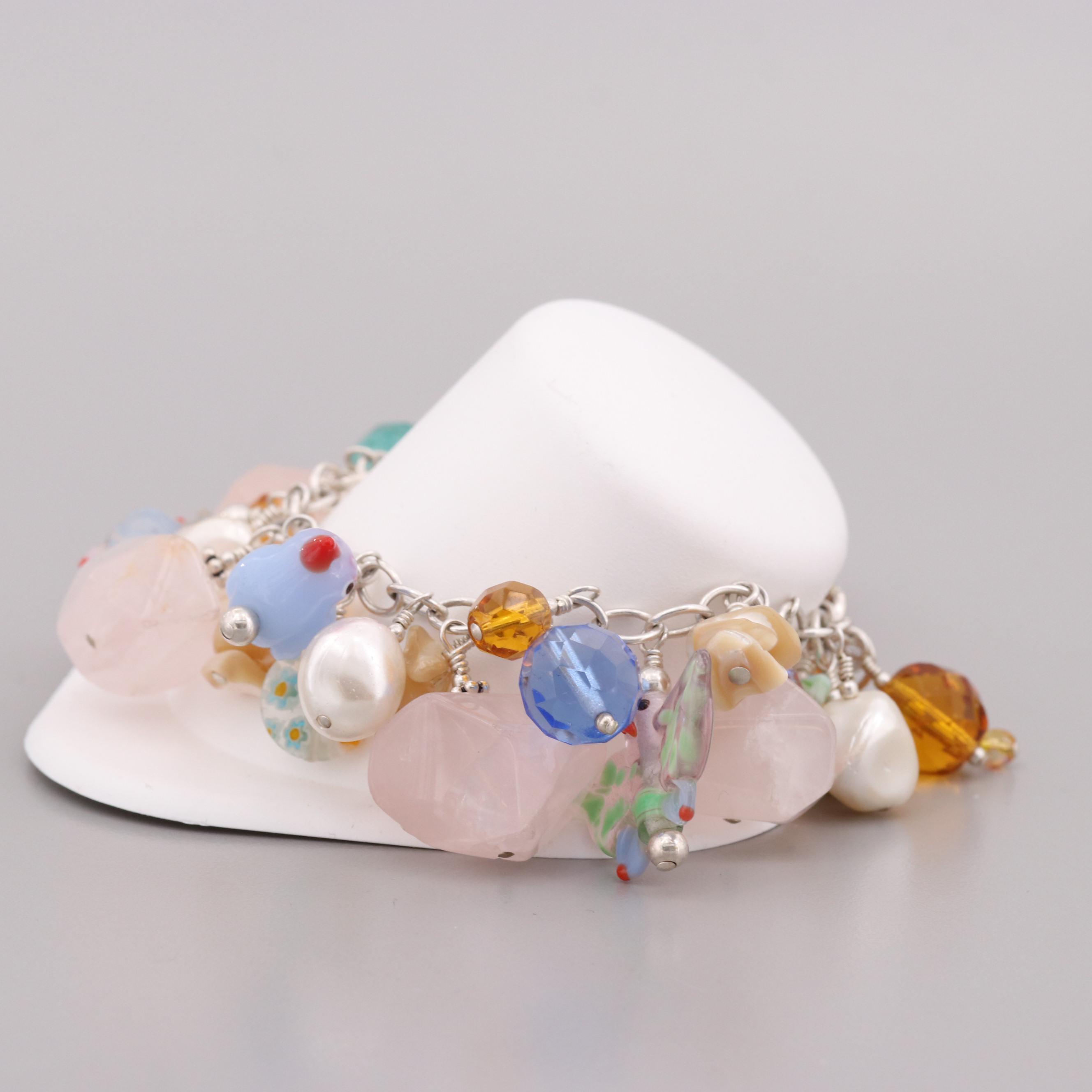 Sterling Silver Rose Quartz, Unakite and Imitation Pearl Bracelets