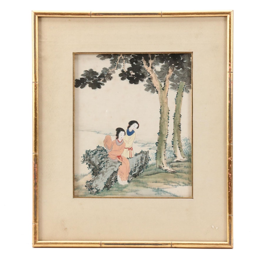 Chinese Gouache Painting of Two Women in Landscape