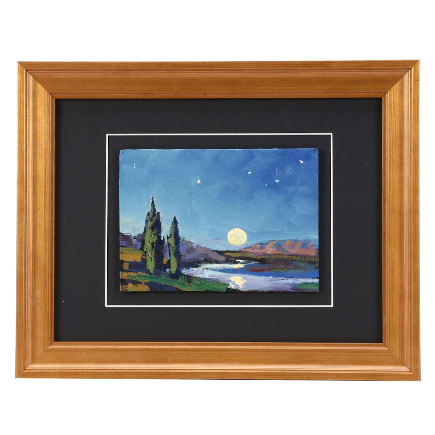 William Hawkins Oil Painting of Moon Over Landscape