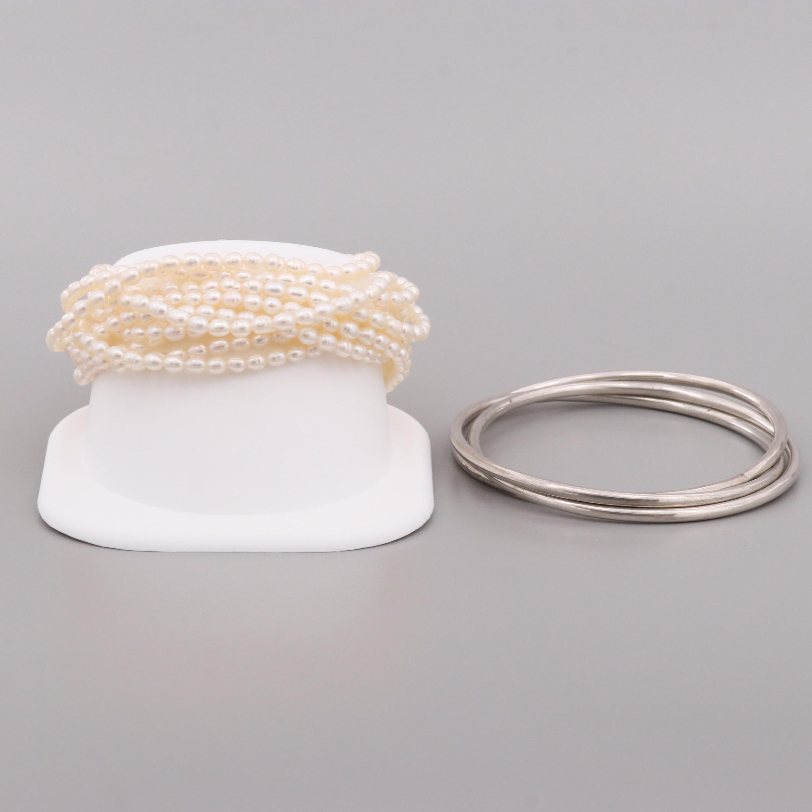 Sterling Silver Cultured Pearl Multi-Strand and Rolling Bracelets