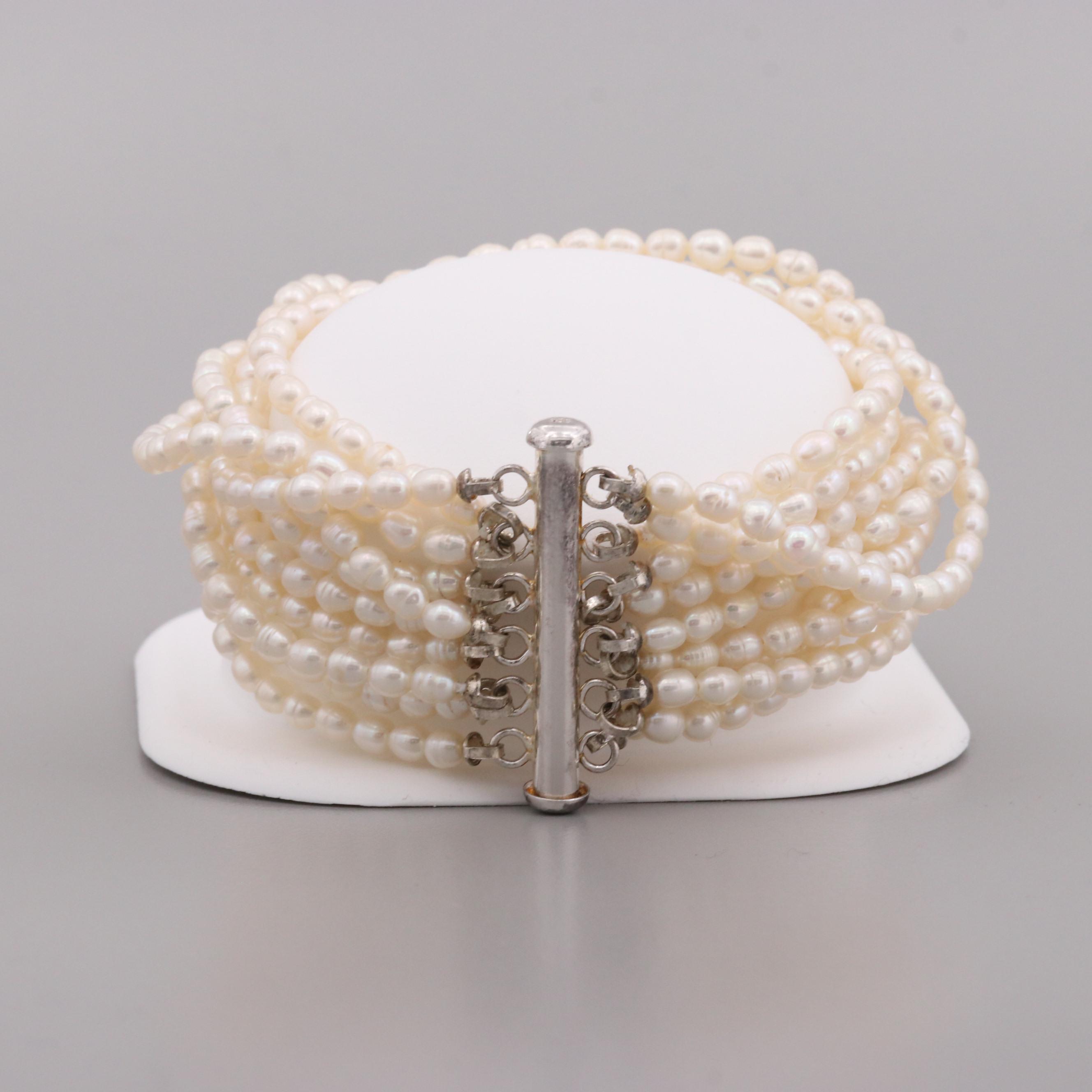 Sterling Silver Cultured Pearl Multi-Strand and Rolling Bracelets