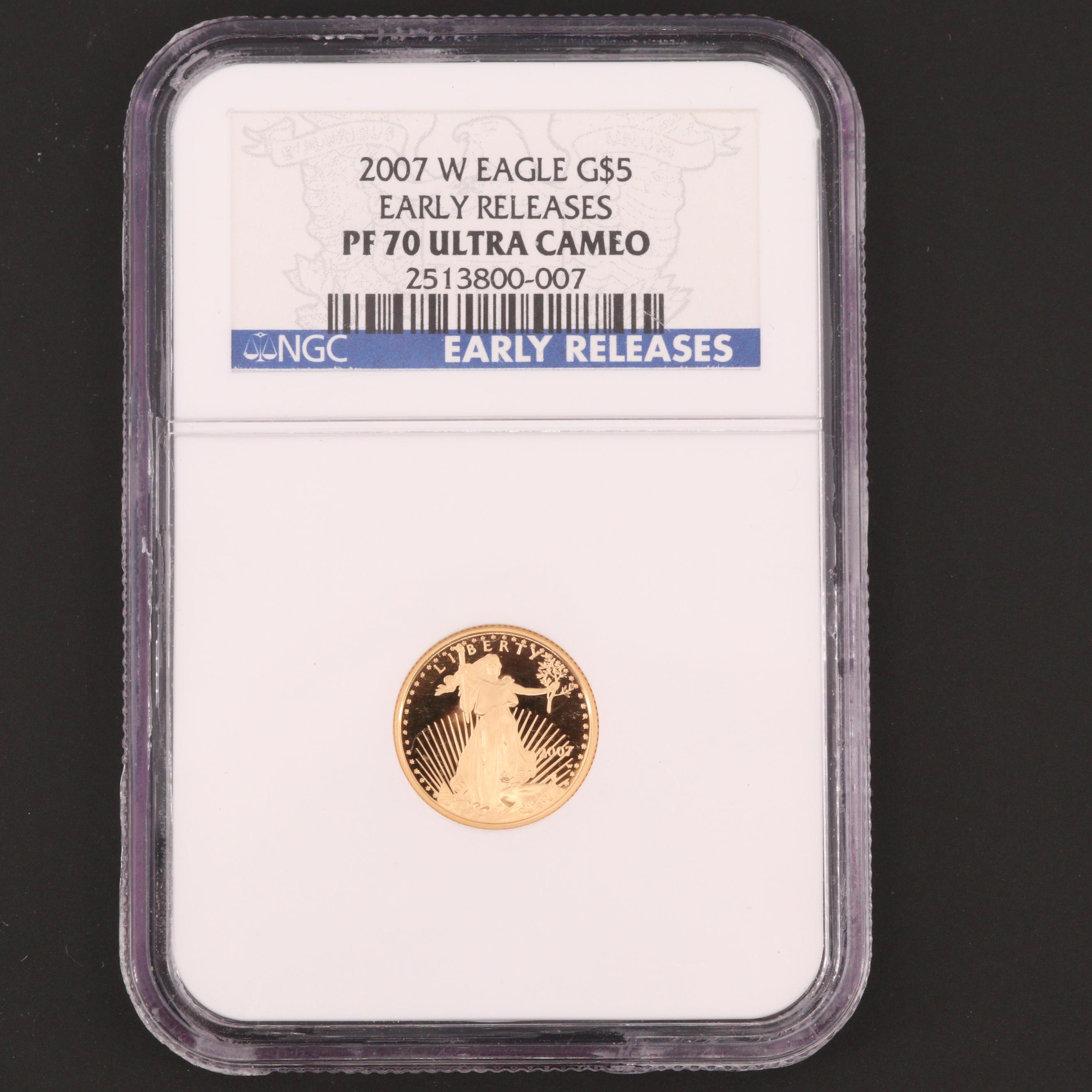 NGC Graded PF70 Ultra Cameo 2007-W American Eagle $5 1/10 Oz Gold Bullion Coin