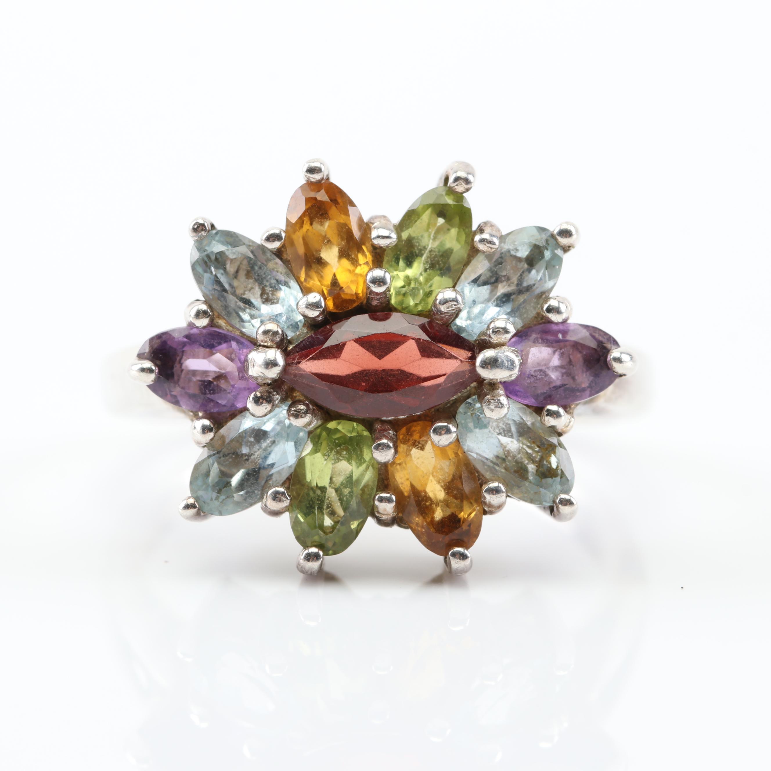 Sterling Silver Multi-Gemstone Flower Ring